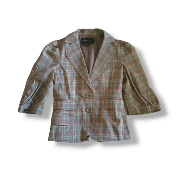 BCBGMaxAzria | Cute Gray/Multi &quot;Nancy&quot; Plaid Short Puff Sleeve Blazer (SIZE S)
