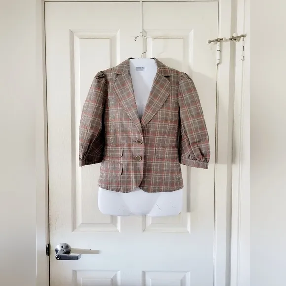 BCBGMaxAzria | Cute Gray/Multi &quot;Nancy&quot; Plaid Short Puff Sleeve Blazer (SIZE S)