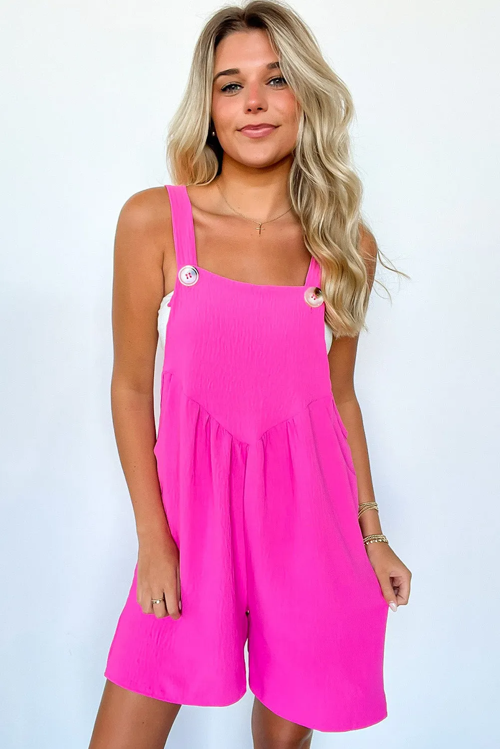 Bright Pink Solid Side Pockets Buttoned Wide Leg Overall