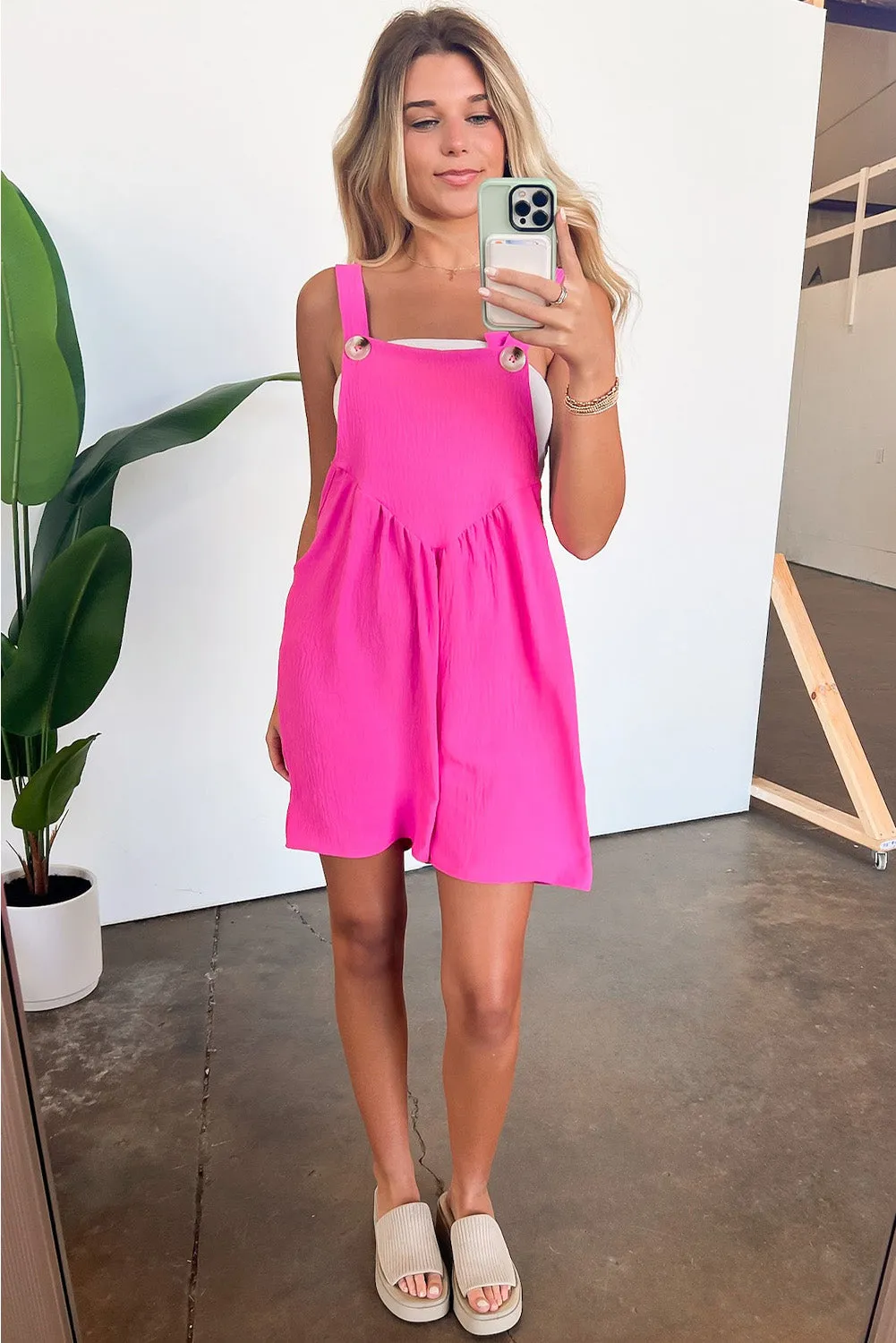 Bright Pink Solid Side Pockets Buttoned Wide Leg Overall