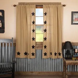 Burlap Natural Black Star Stenciled Short Panel Curtain 63"L