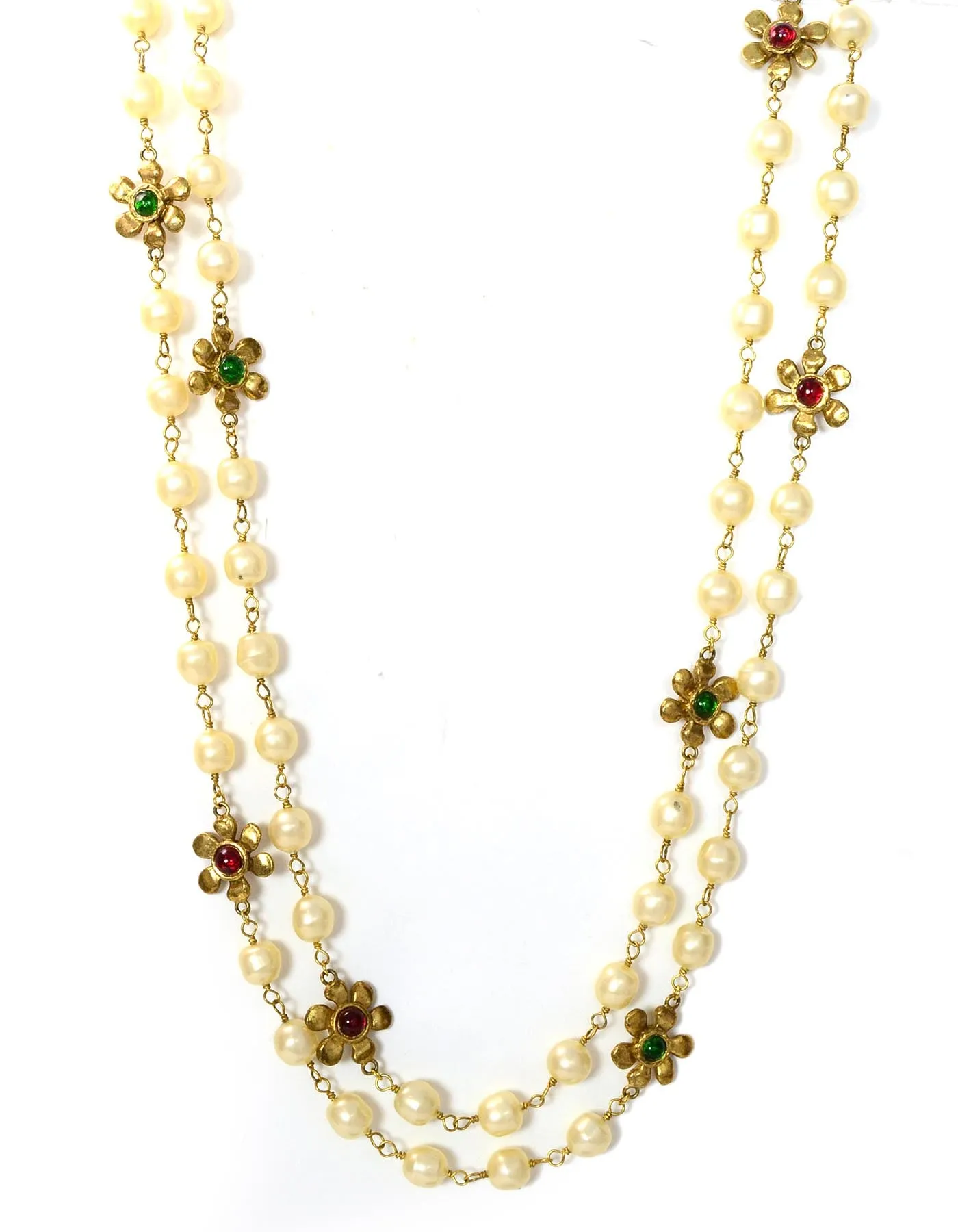 Chanel '80s Vintage X-Long Faux Pearl & Gripoix Flower Necklace