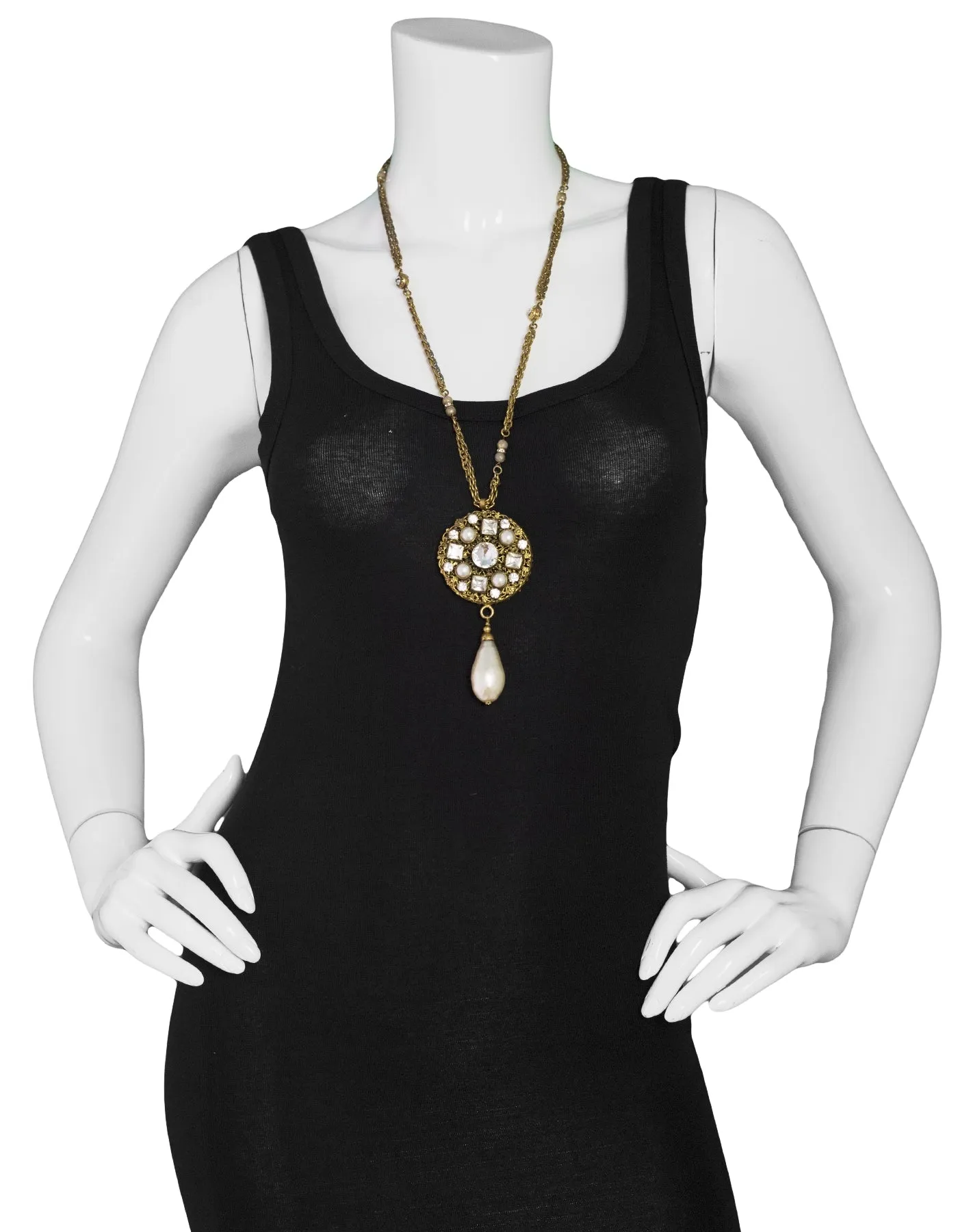 Chanel Vintage '84 Crystal & Faux Pearl Medallion Necklace