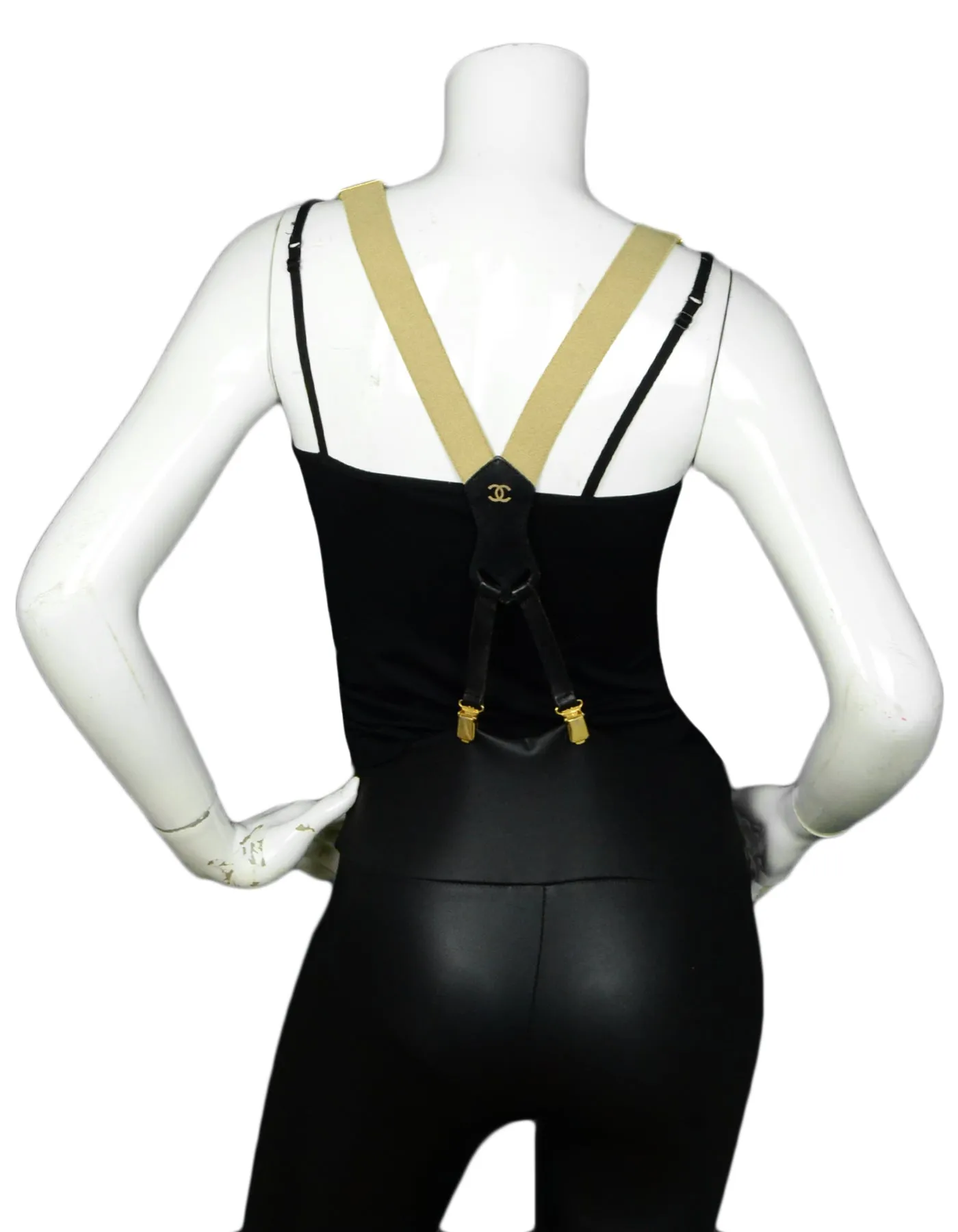Chanel Vintage Beige & Black Logo Suspenders