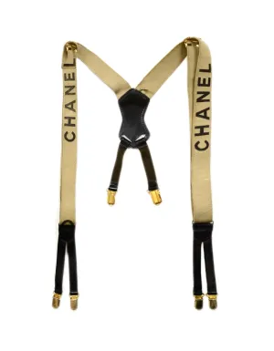 Chanel Vintage Beige & Black Logo Suspenders