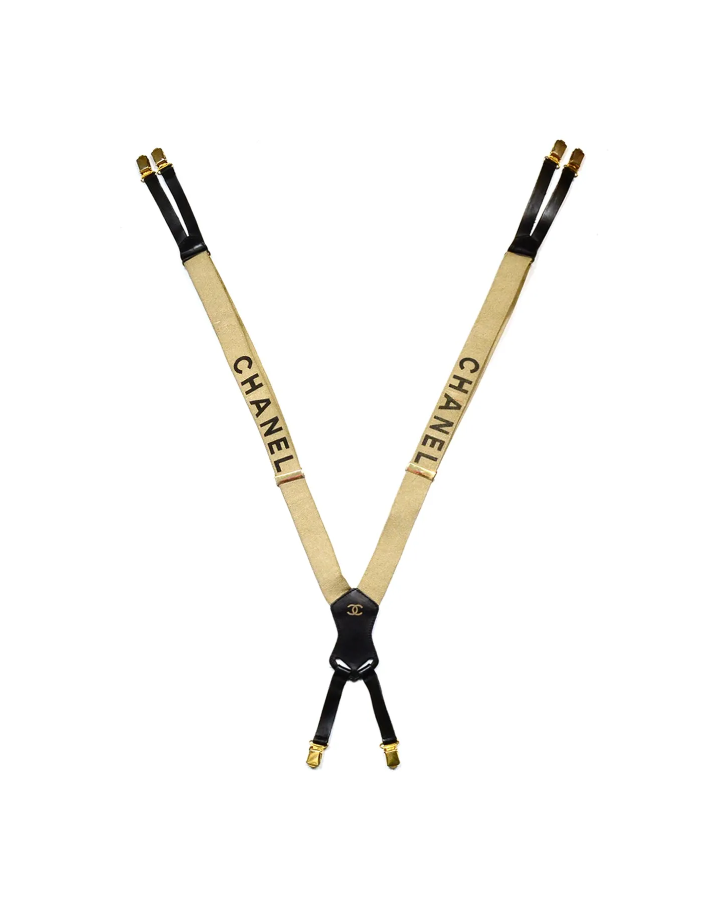 Chanel Vintage Beige & Black Logo Suspenders