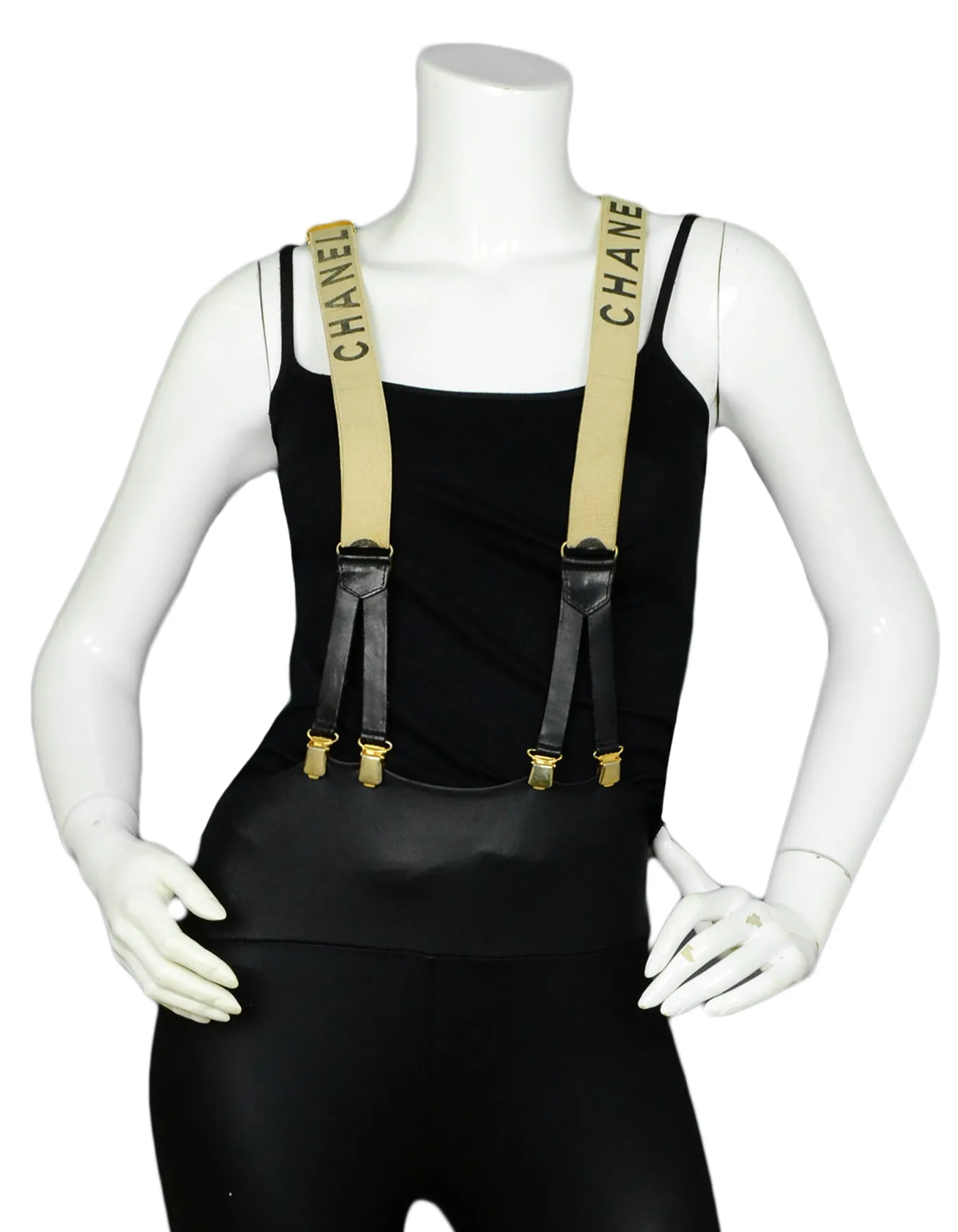 Chanel Vintage Beige & Black Logo Suspenders