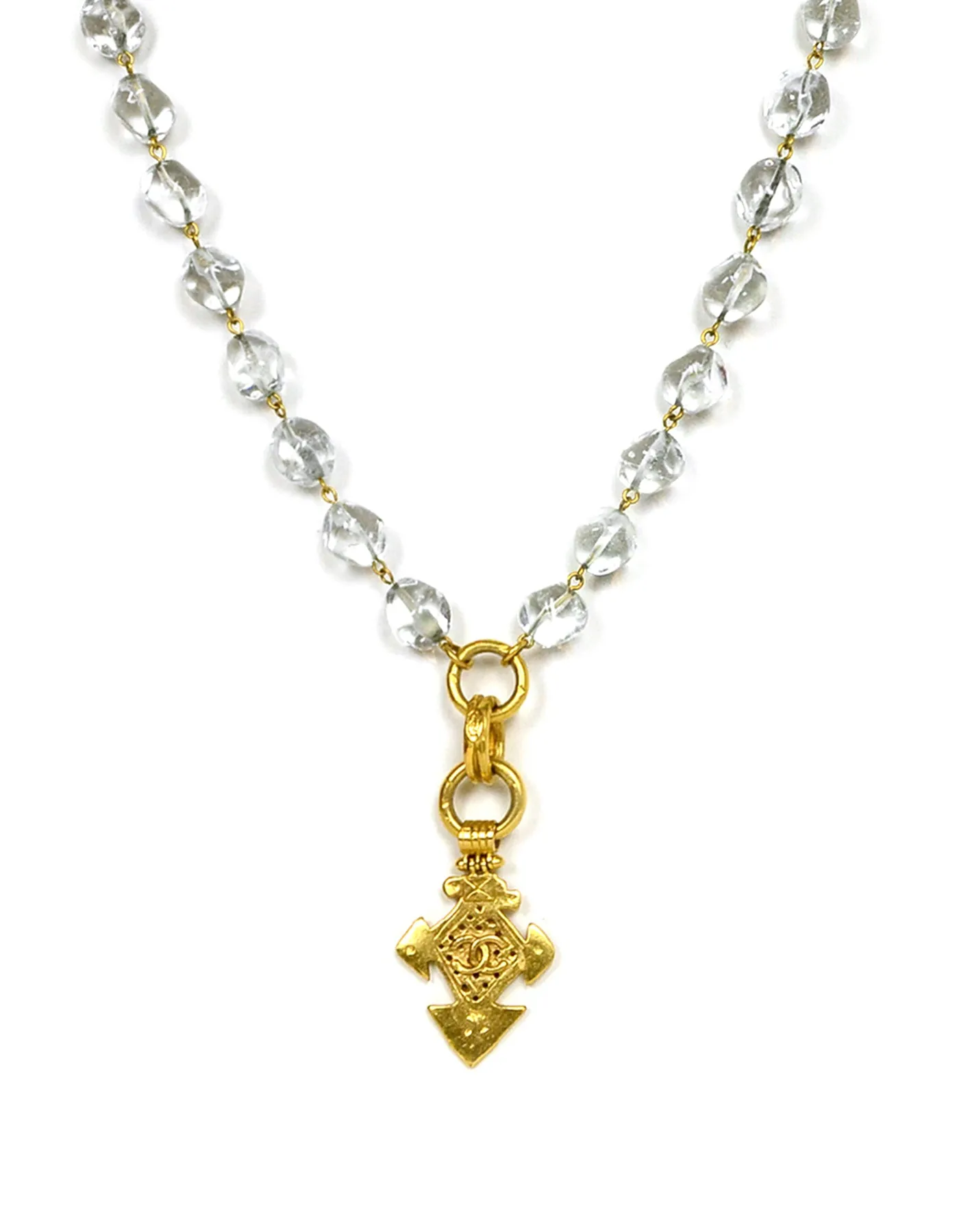 Chanel Vintage Clear Bead Necklace w/ Goldtone CC Pendant
