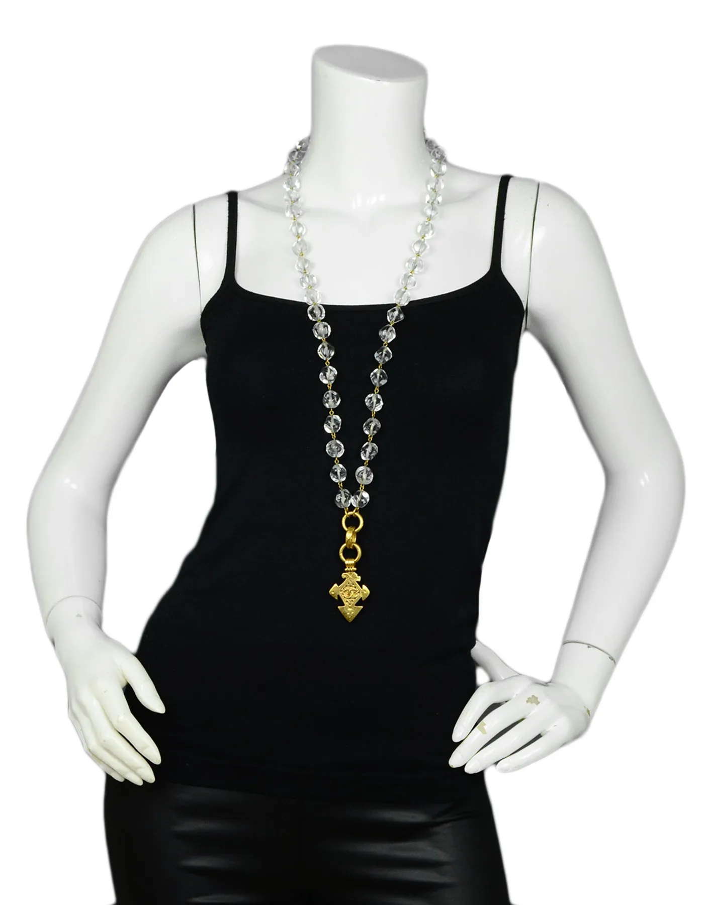 Chanel Vintage Clear Bead Necklace w/ Goldtone CC Pendant