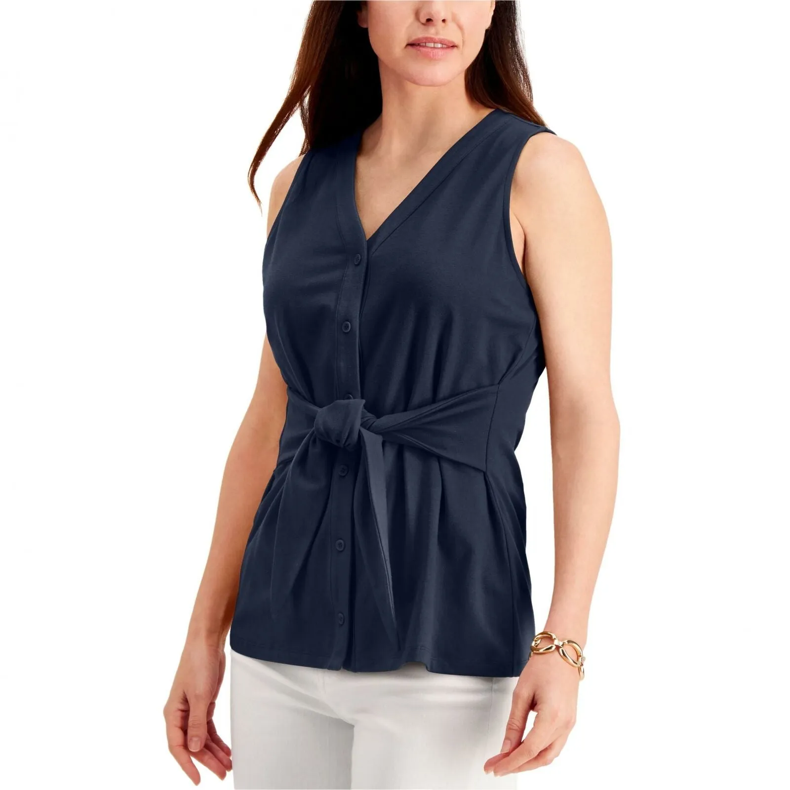 Charter Club Women's Button Up Tie Front Sleeveless Top