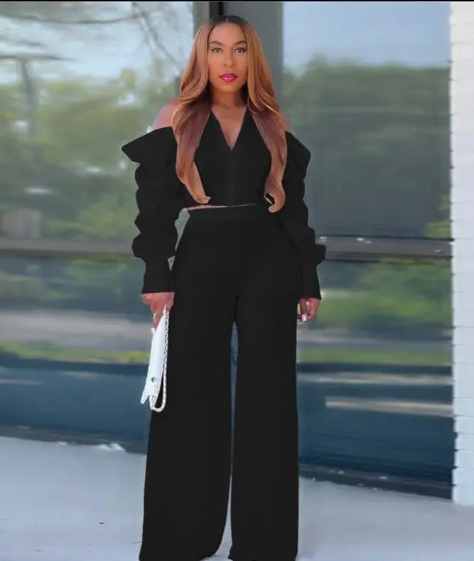 Cold Shoulder Scrunchy Sleeve Shirt and Pant Set