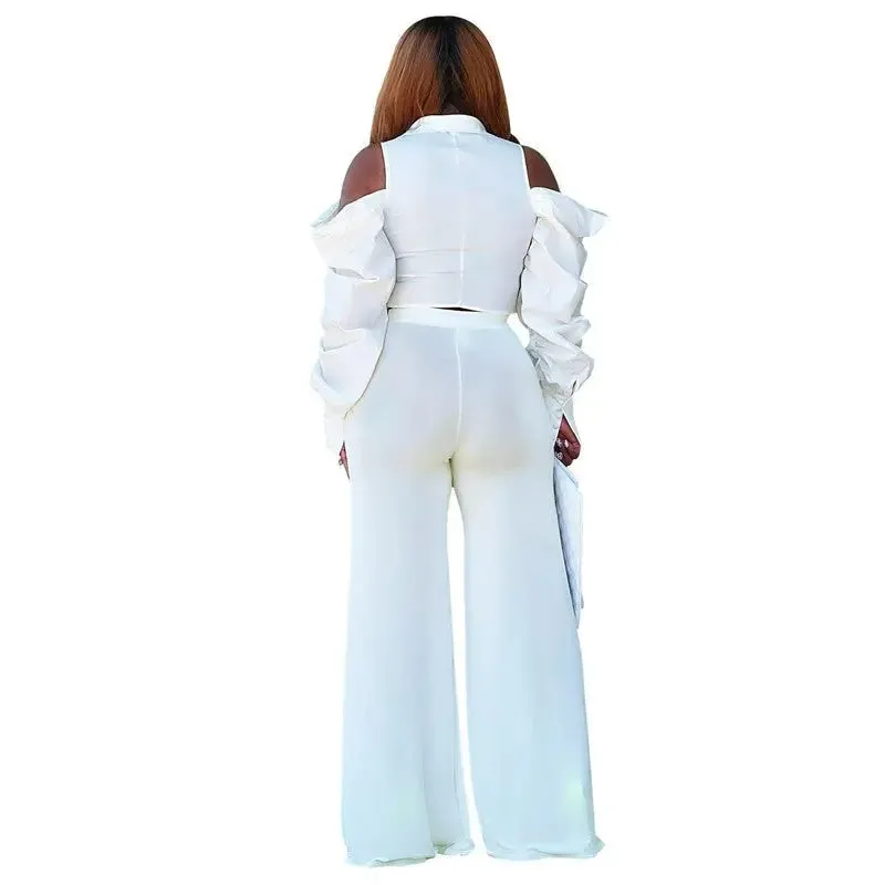 Cold Shoulder Scrunchy Sleeve Shirt and Pant Set