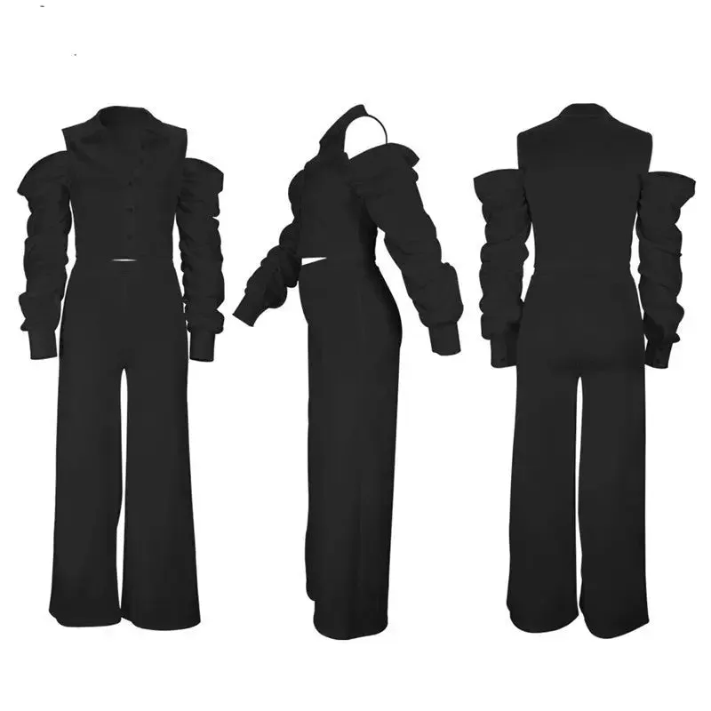 Cold Shoulder Scrunchy Sleeve Shirt and Pant Set