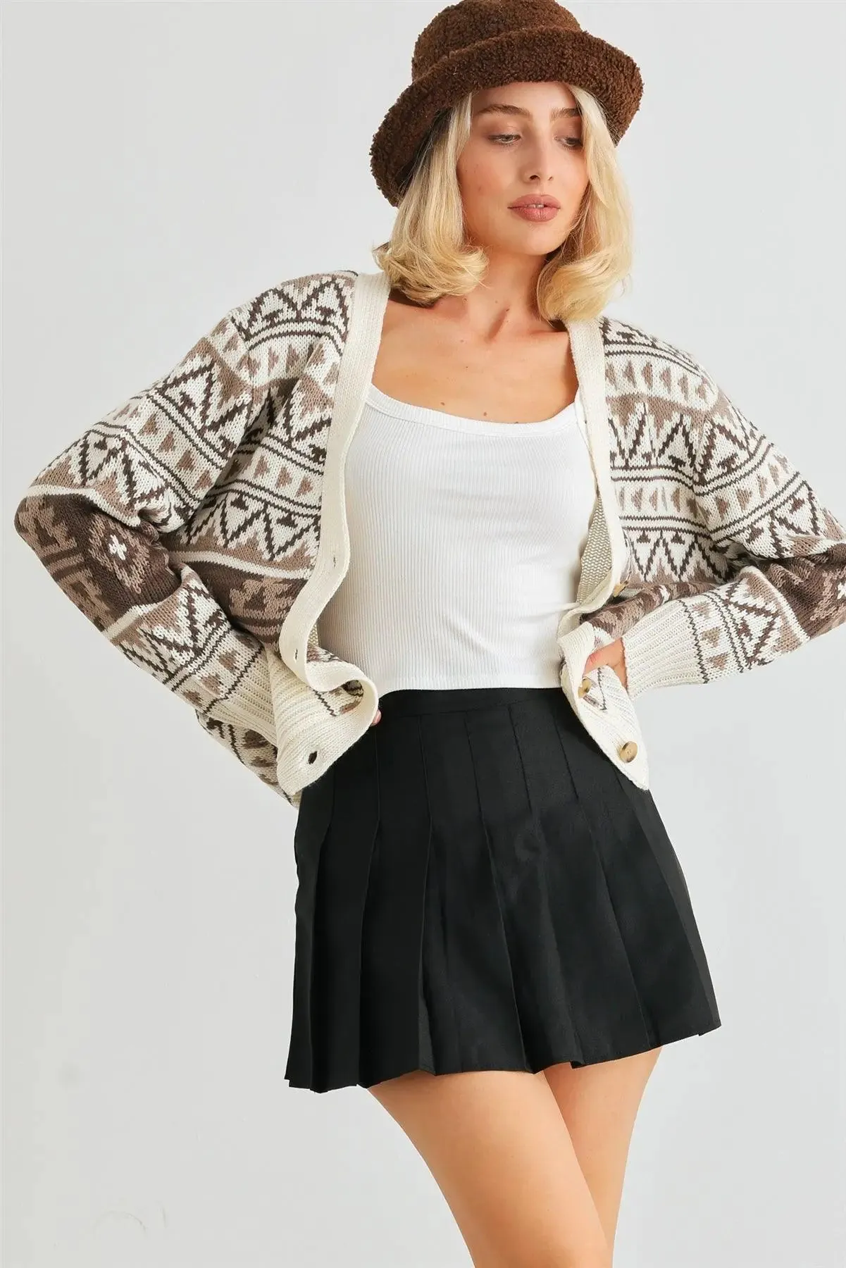 Cream Fair Isle Knit Button-Up Long Sleeve Cardigan Sweater /2-2-2