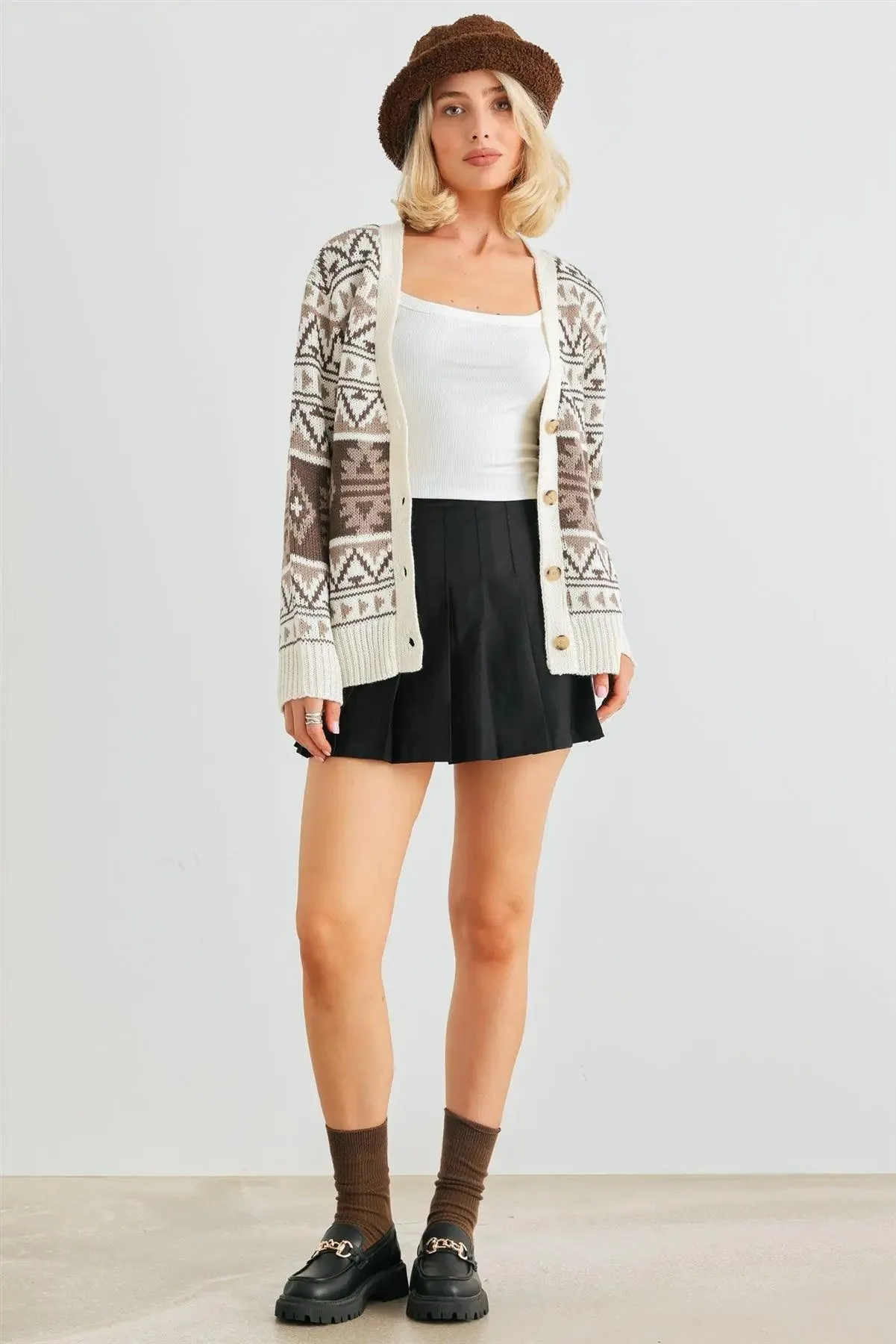 Cream Fair Isle Knit Button-Up Long Sleeve Cardigan Sweater /2-2-2