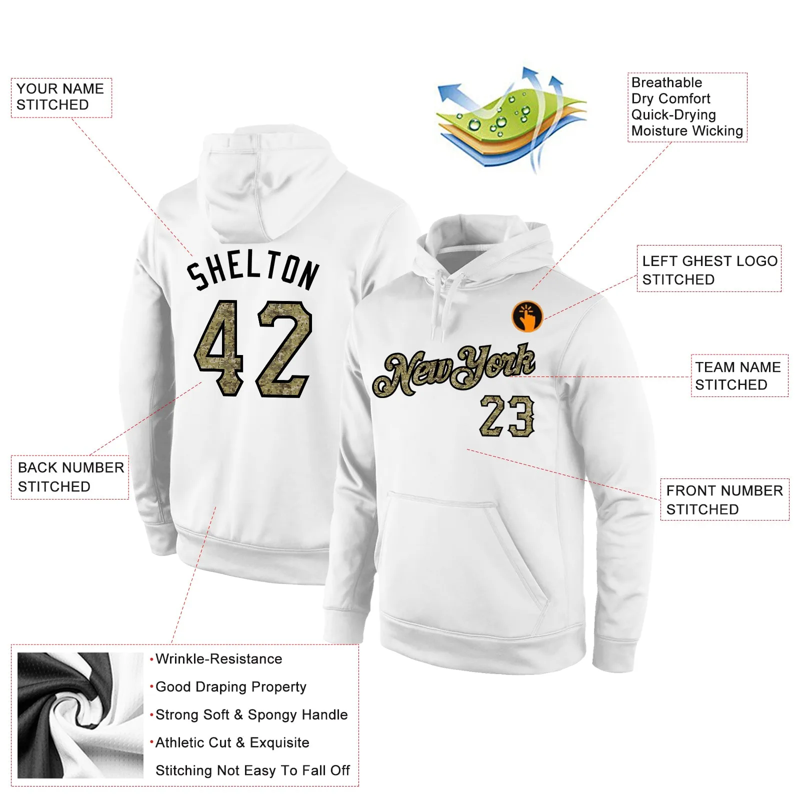 Custom Stitched White Camo-Black Sports Pullover Sweatshirt Hoodie