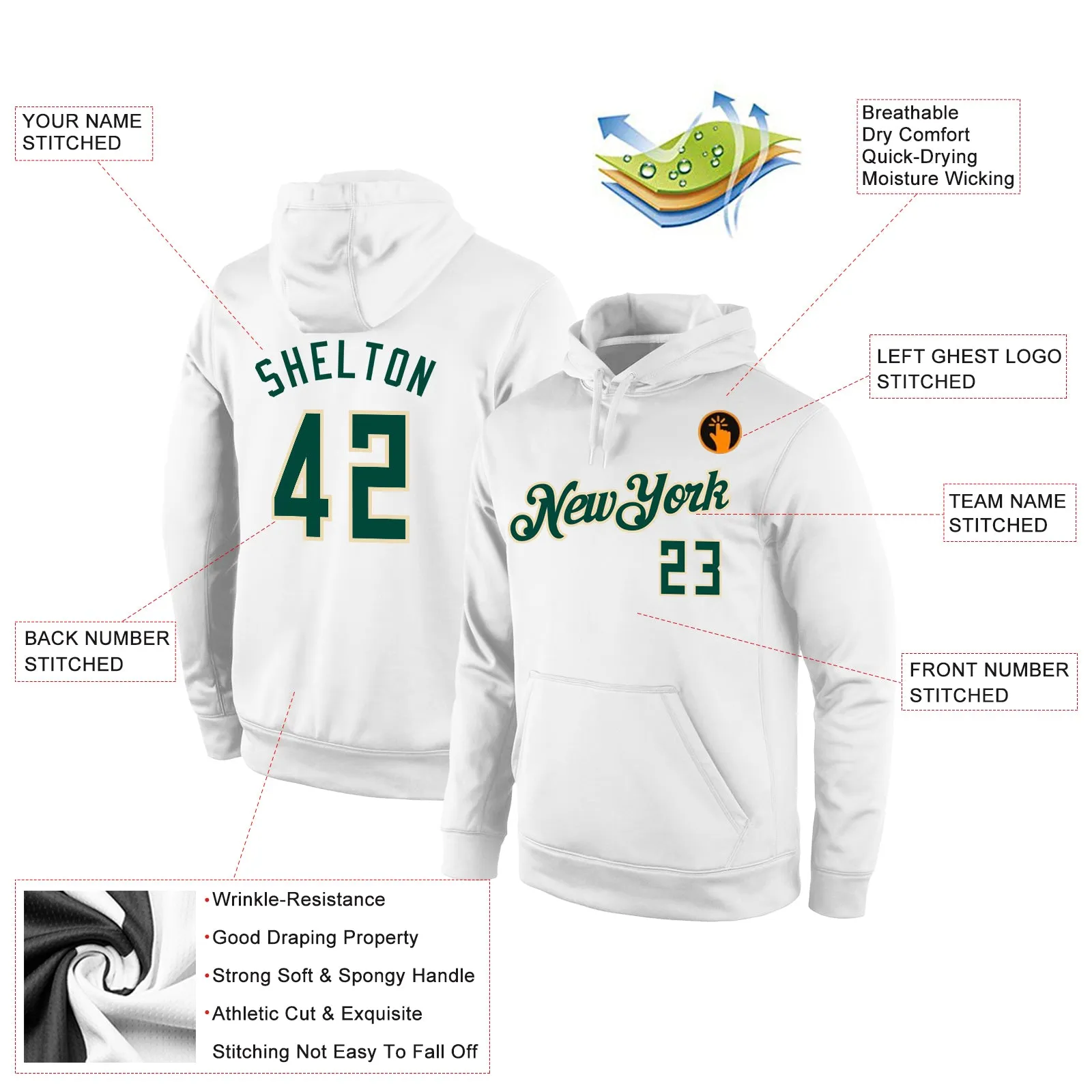 Custom Stitched White Hunter Green-Cream Sports Pullover Sweatshirt Hoodie