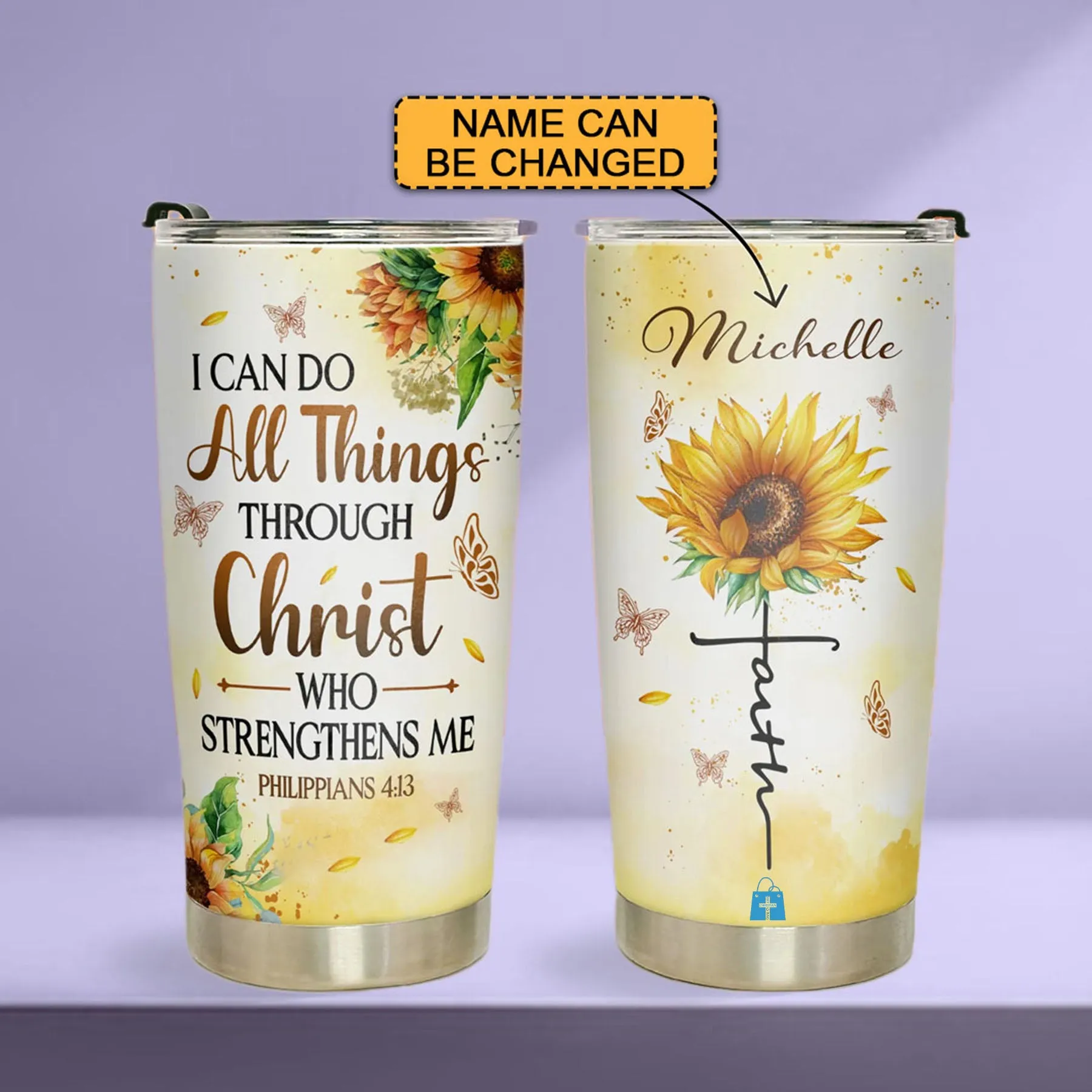 Discover the Perfect Gift: Sunflower I Can Do All Things Through Christ Stainless Steel Tumbler | CHRISTIANARTBAG