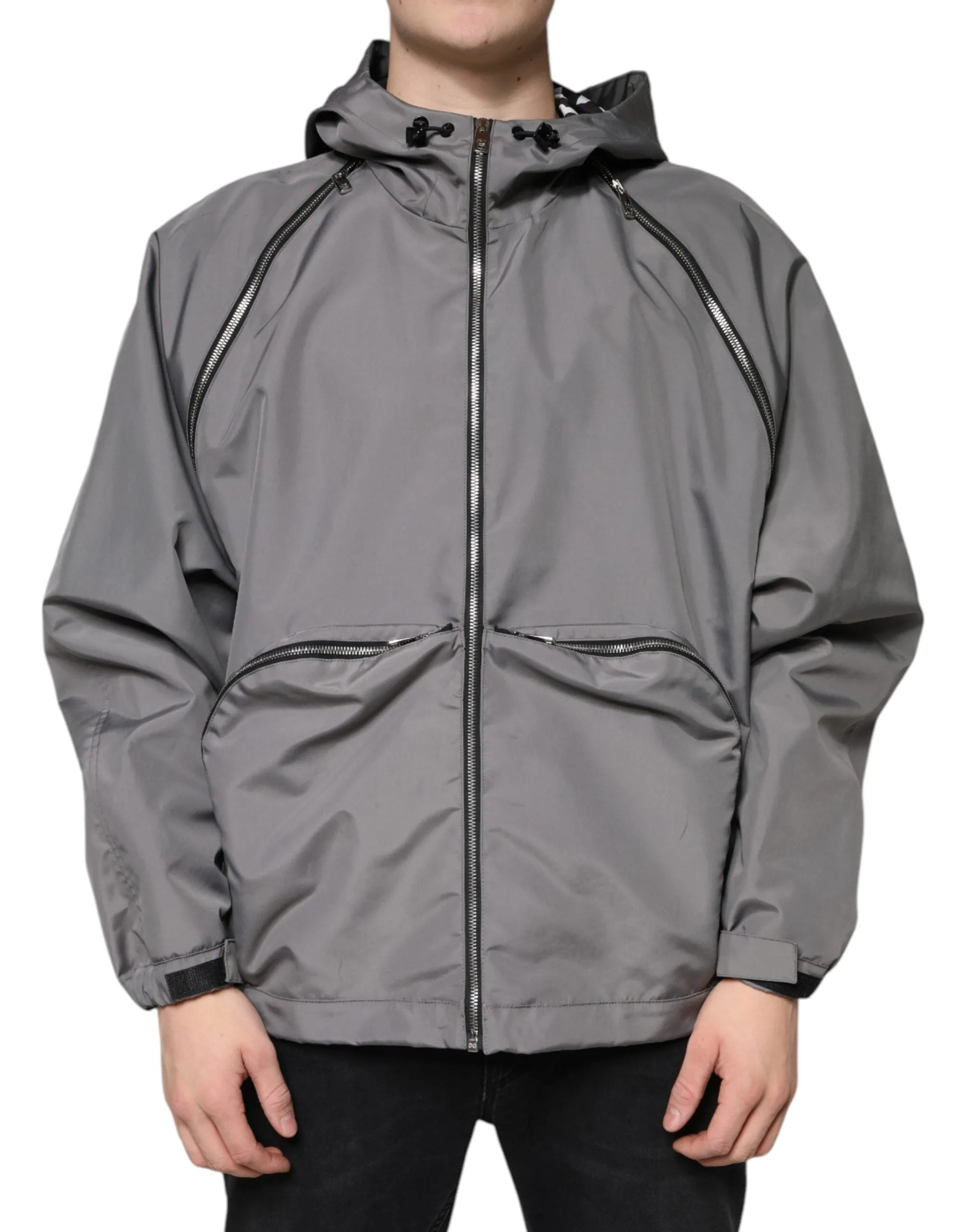 Dolce&Gabbana Men Gray Jacket 100% Polyester Hooded Full Zip Casual Bomber IT 48