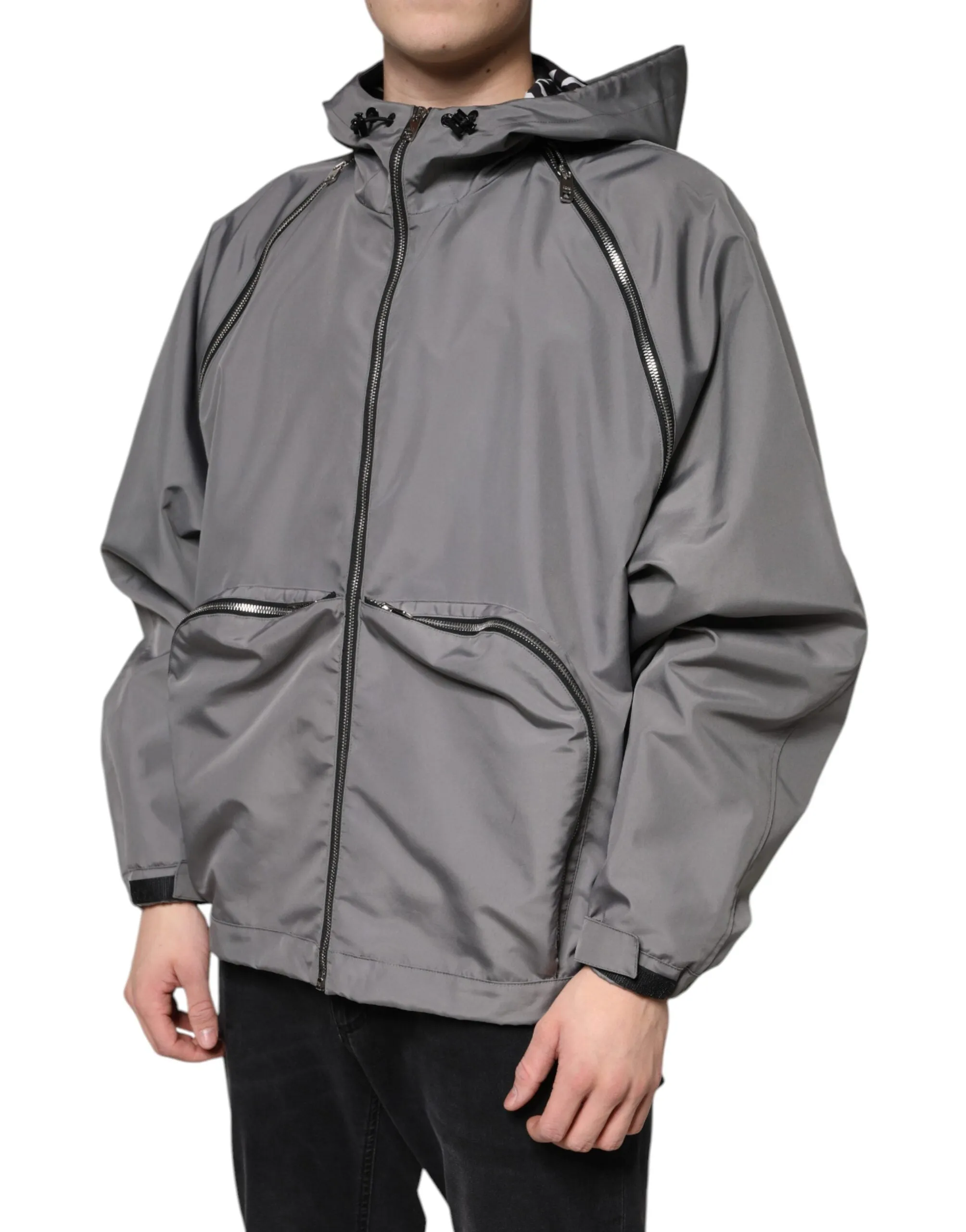 Dolce&Gabbana Men Gray Jacket 100% Polyester Hooded Full Zip Casual Bomber IT 48