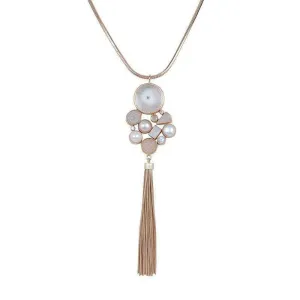 Druzy, Moonstone, and Pearl Tassel Necklace
