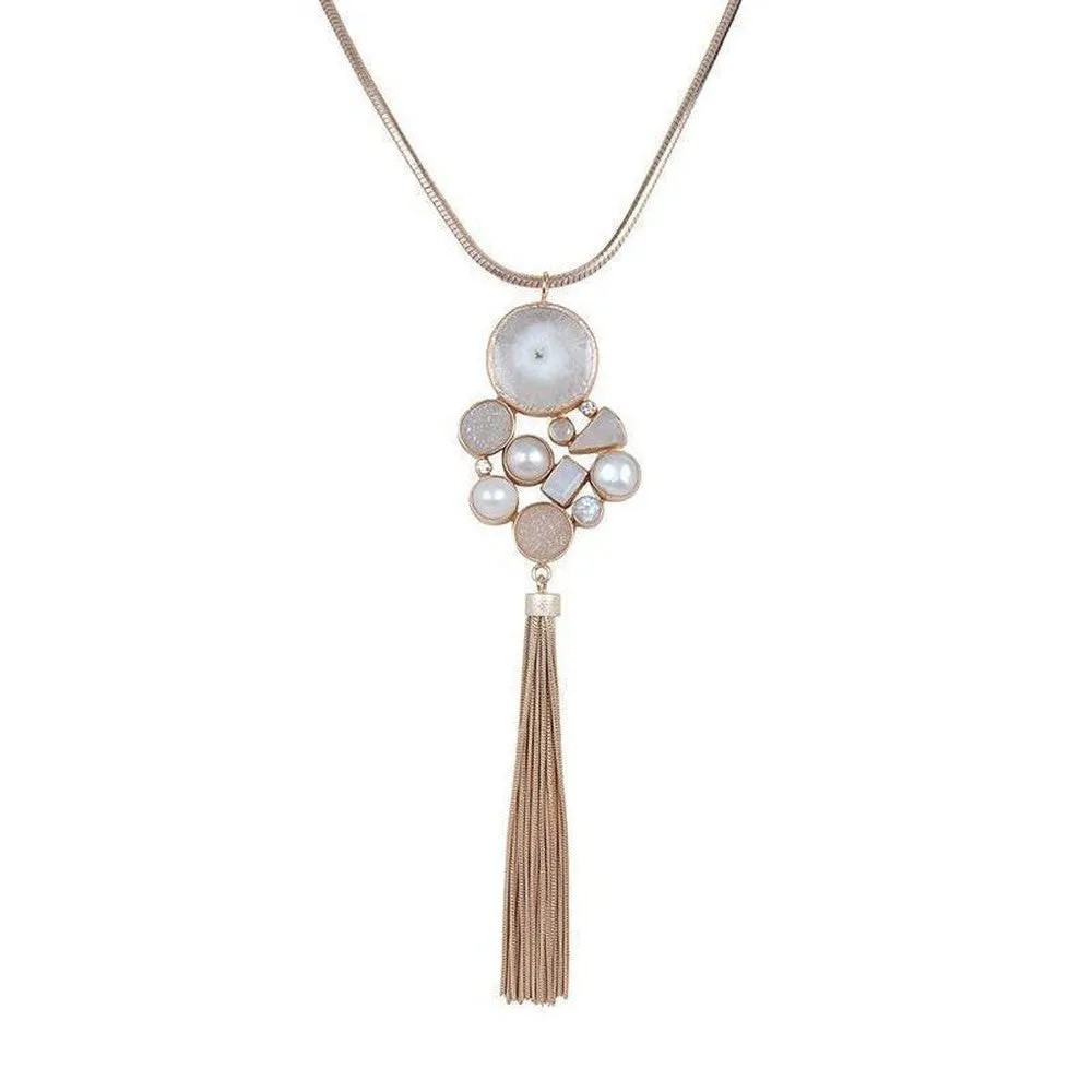 Druzy, Moonstone, and Pearl Tassel Necklace
