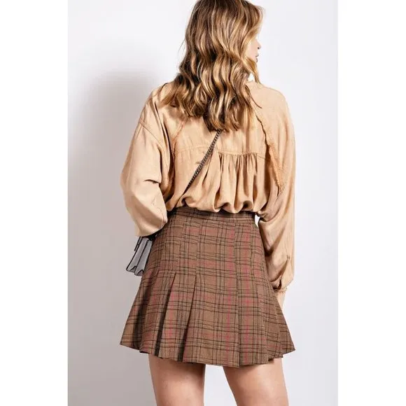 Easel Toffeee Plaid Print Pleated Side Zip Closure Flared Mini Skirt
