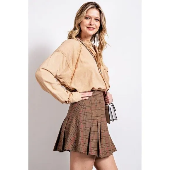 Easel Toffeee Plaid Print Pleated Side Zip Closure Flared Mini Skirt