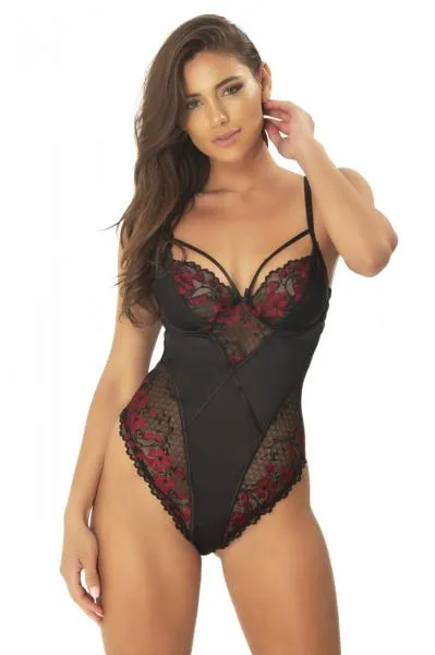 Esperanza Satin Dual Tone Lace Teddy - Black/Red -