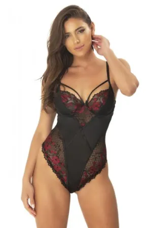 Esperanza Satin Dual Tone Lace Teddy - Black/Red -