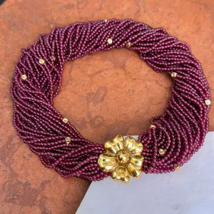 Estate 18KT Yellow Gold Beaded Garnet Torsade Floral Center Neckace