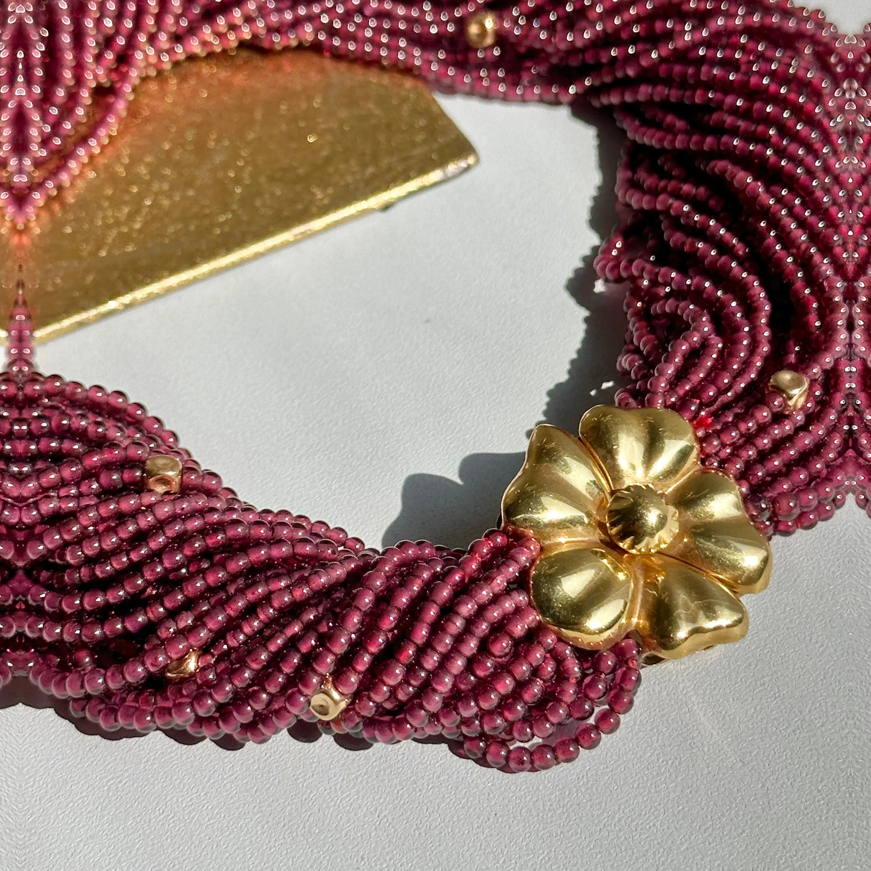 Estate 18KT Yellow Gold Beaded Garnet Torsade Floral Center Neckace