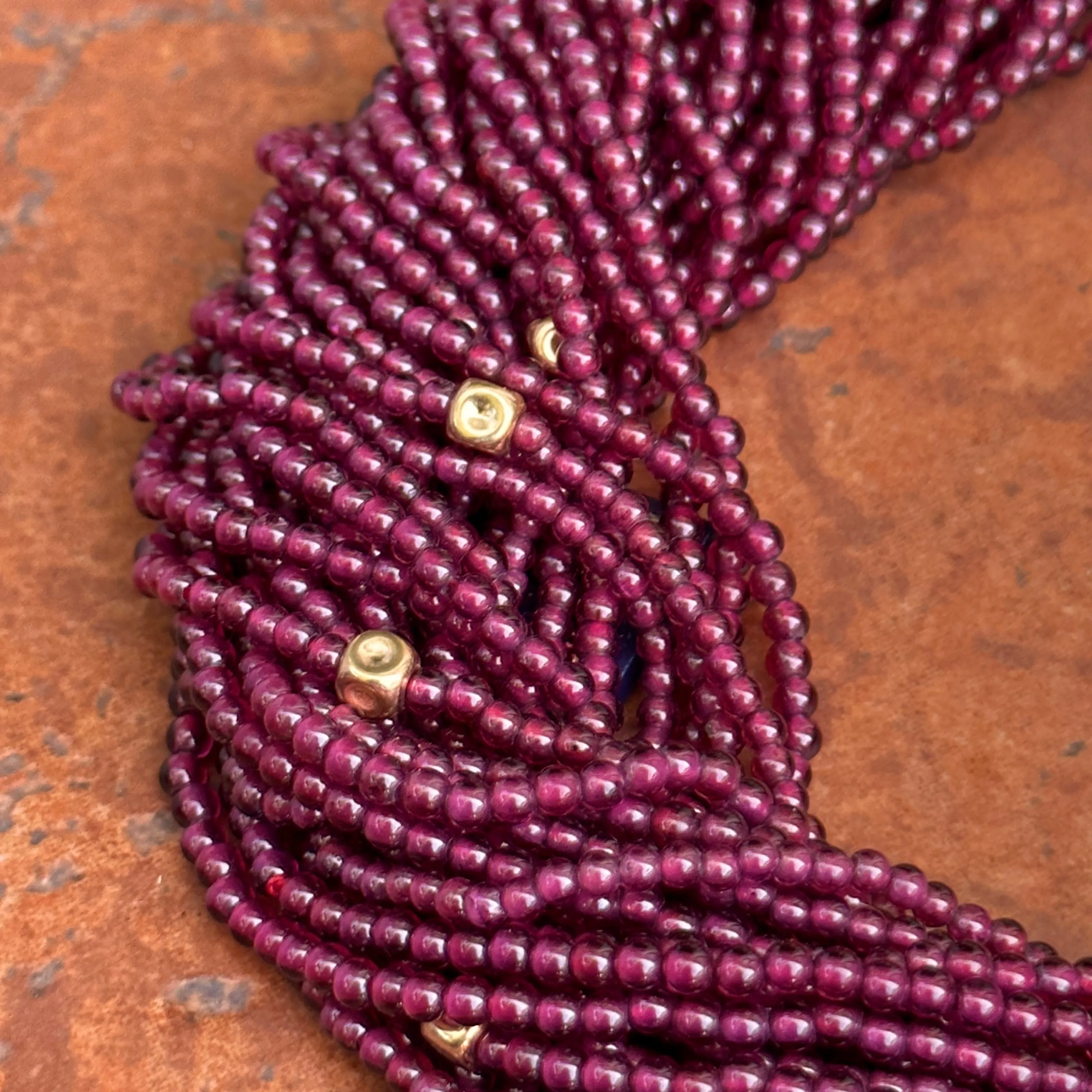 Estate 18KT Yellow Gold Beaded Garnet Torsade Floral Center Neckace