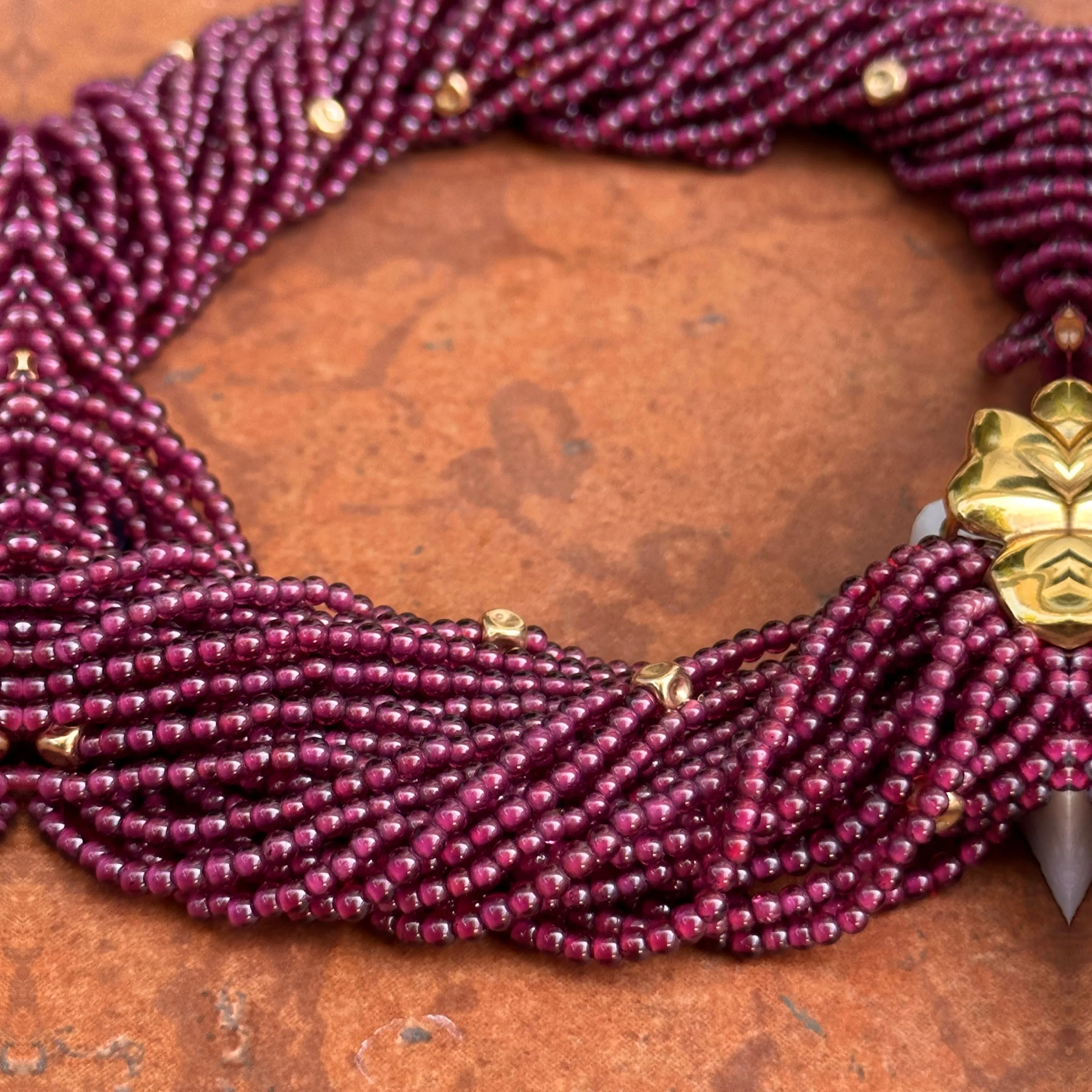 Estate 18KT Yellow Gold Beaded Garnet Torsade Floral Center Neckace