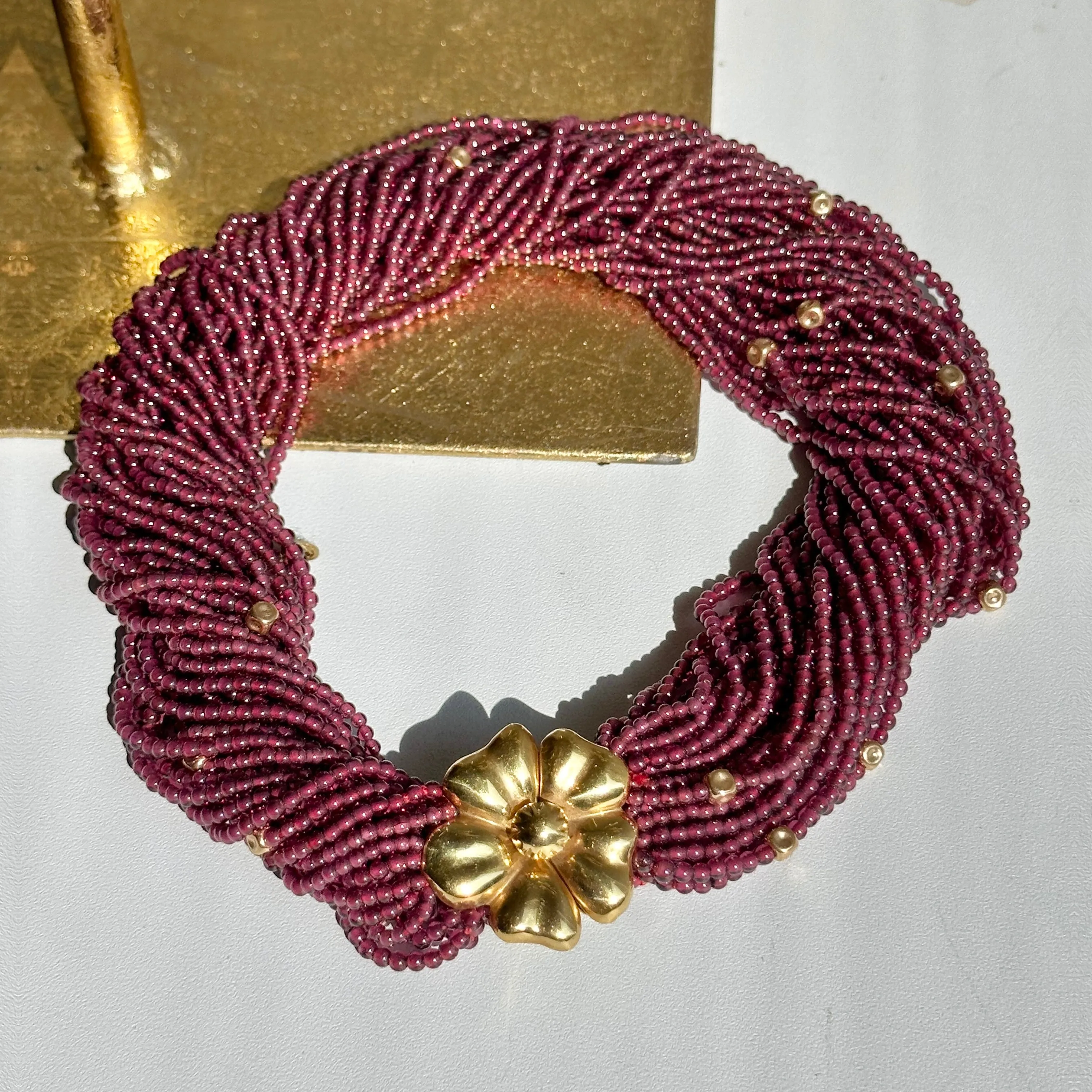 Estate 18KT Yellow Gold Beaded Garnet Torsade Floral Center Neckace