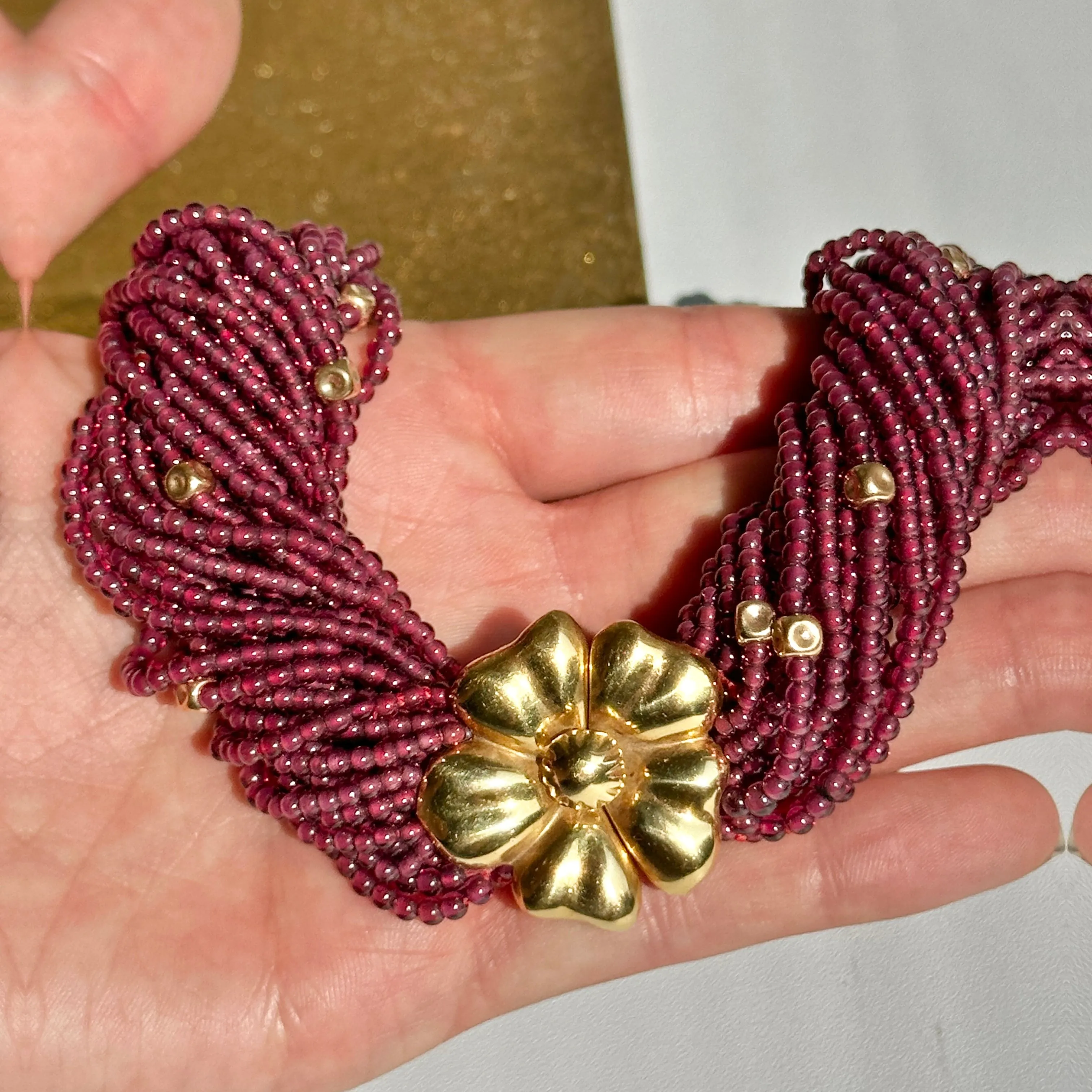Estate 18KT Yellow Gold Beaded Garnet Torsade Floral Center Neckace