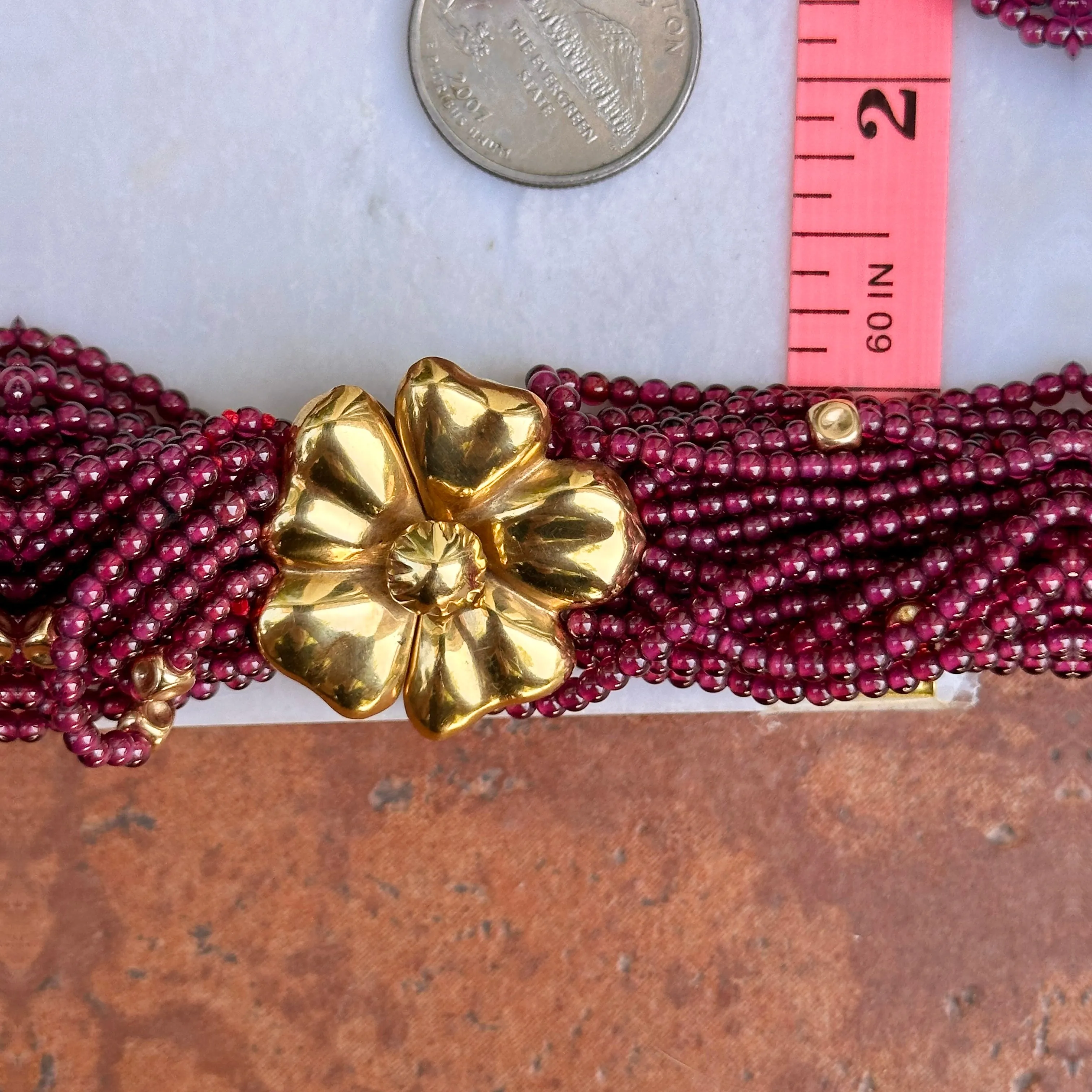Estate 18KT Yellow Gold Beaded Garnet Torsade Floral Center Neckace