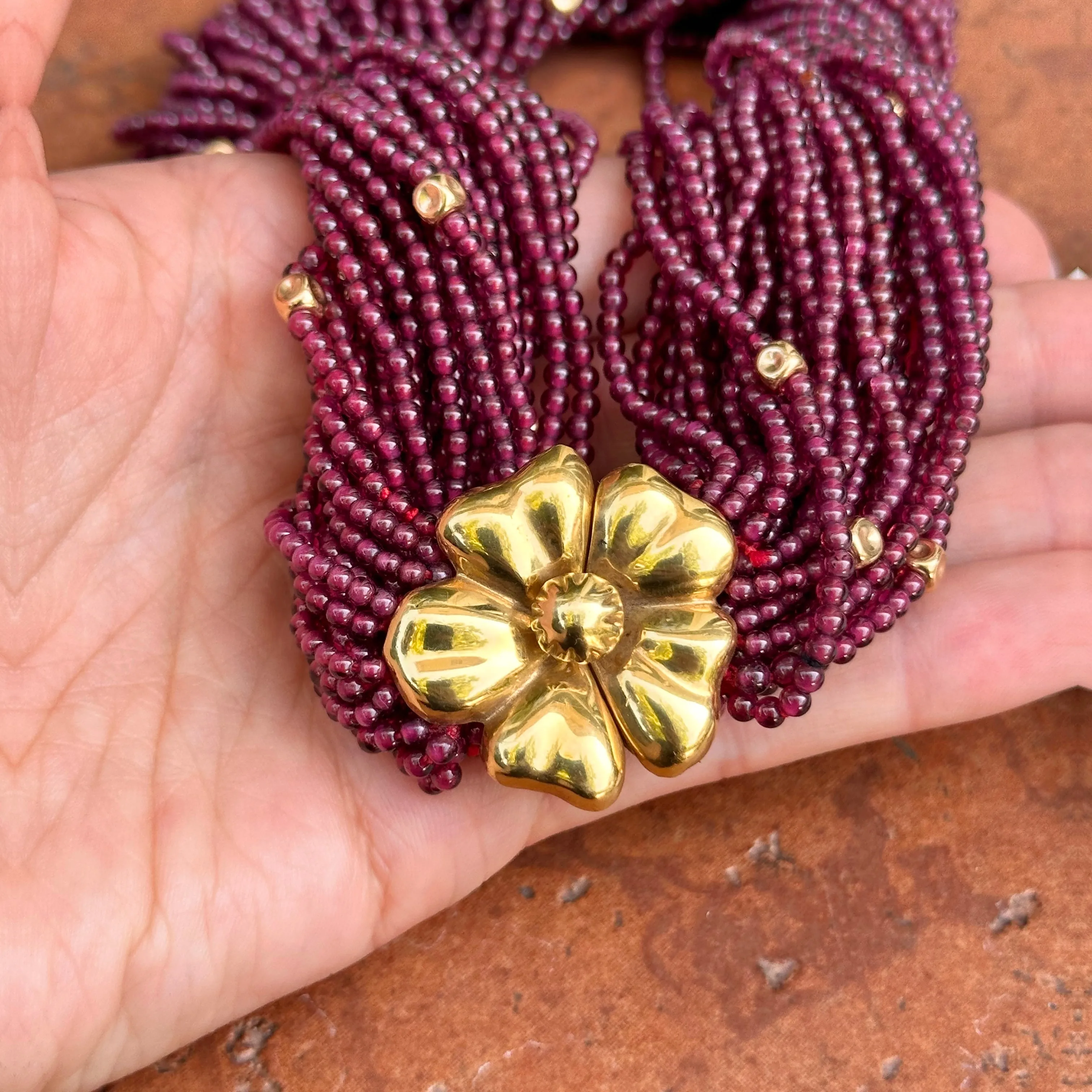 Estate 18KT Yellow Gold Beaded Garnet Torsade Floral Center Neckace