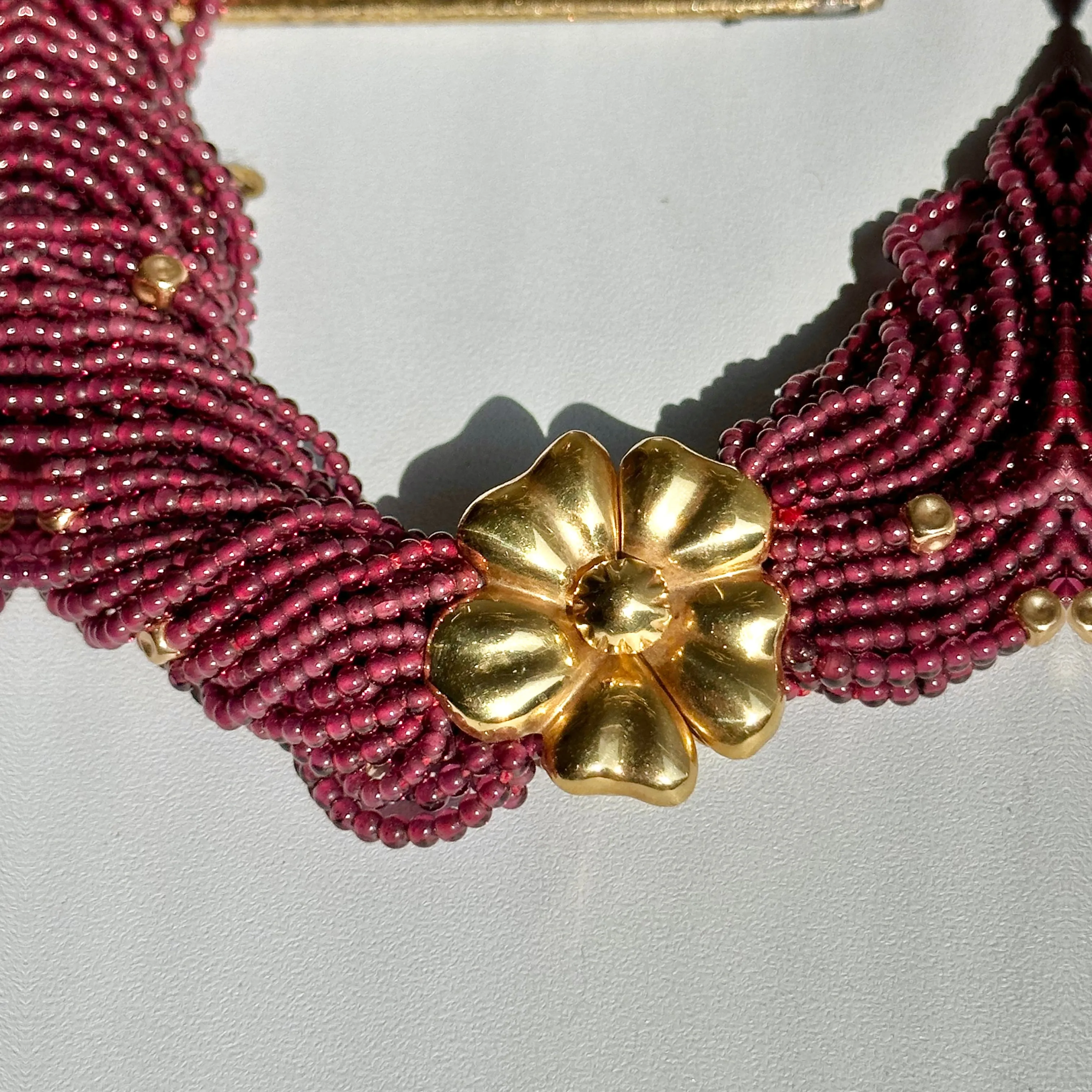 Estate 18KT Yellow Gold Beaded Garnet Torsade Floral Center Neckace