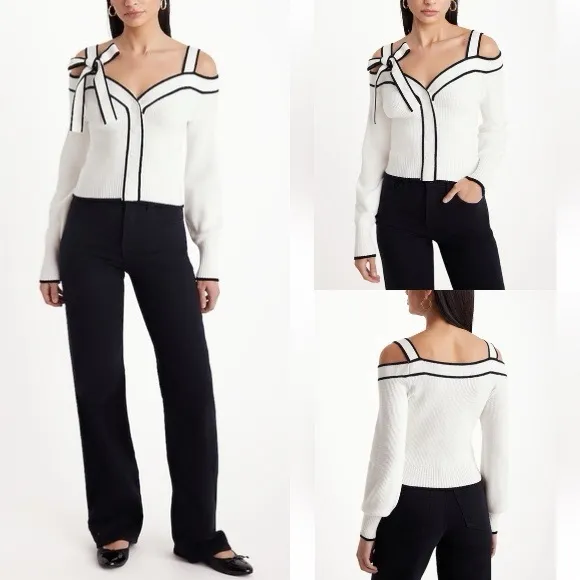 Express Ribbed Off the Shoulder White Sweater with Black Trim Size L (NWT)