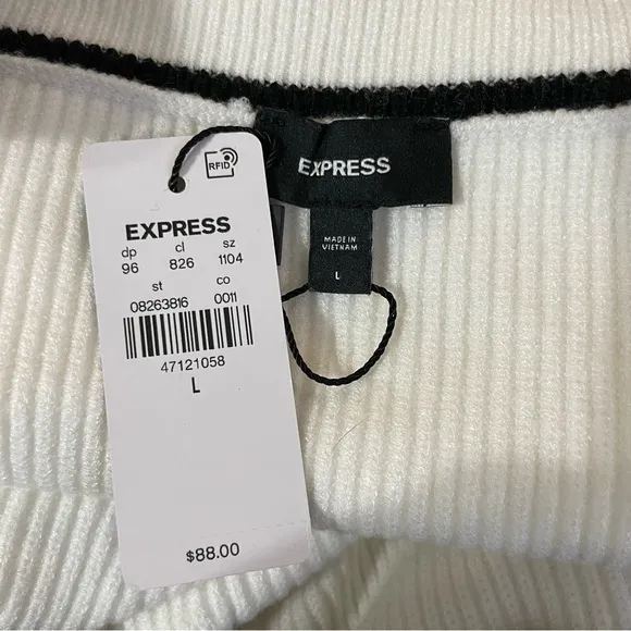 Express Ribbed Off the Shoulder White Sweater with Black Trim Size L (NWT)
