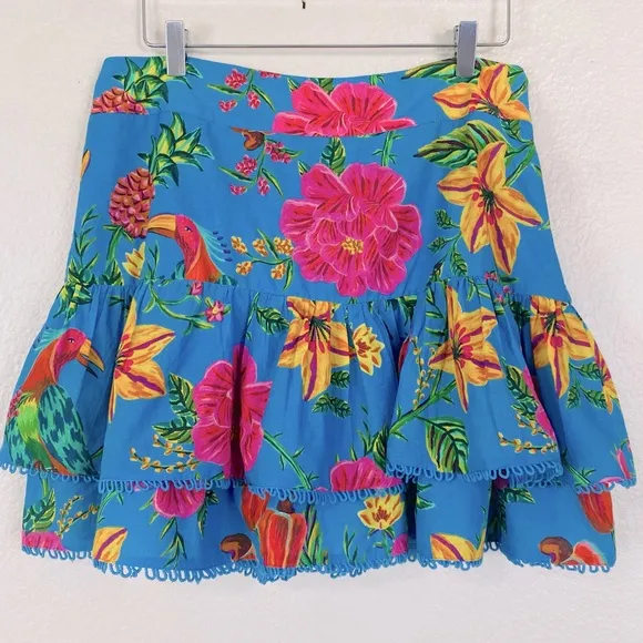 FARM Rio Blue Toucans Garden Tiered Skirt Size L