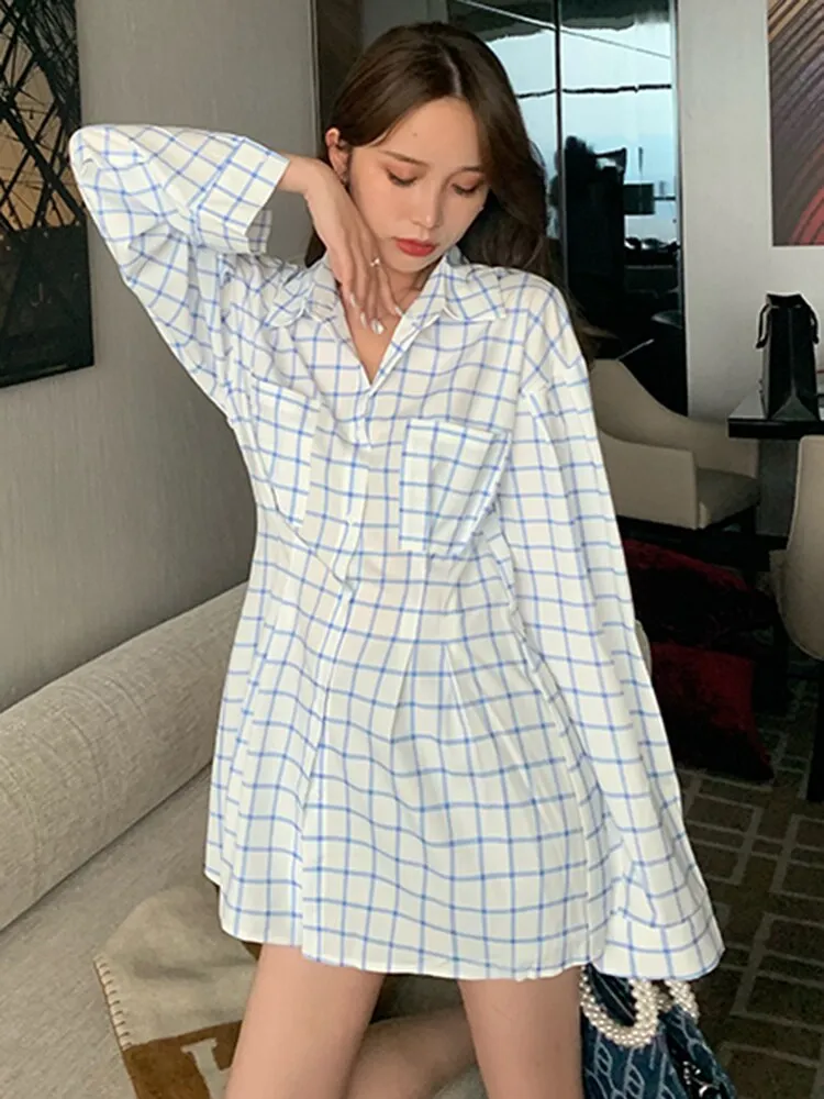 Fashion Shirt For Women Lapel Long Sleeve Plaid Colorblock