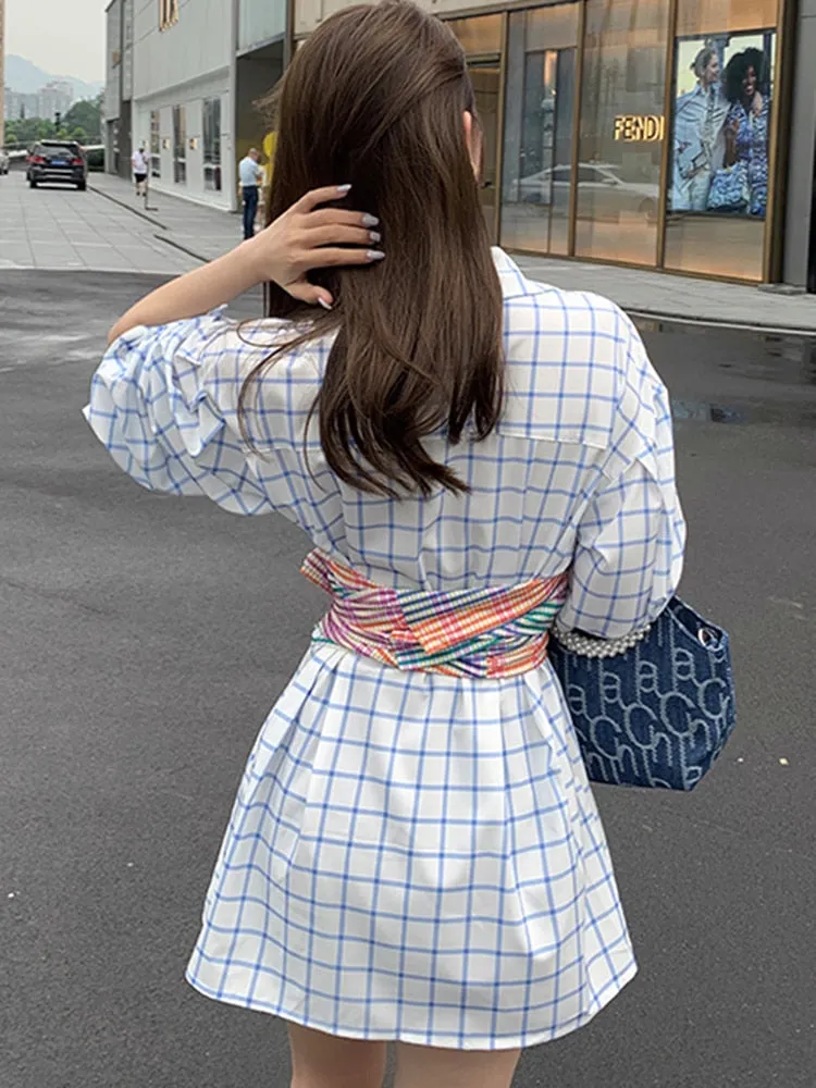 Fashion Shirt For Women Lapel Long Sleeve Plaid Colorblock