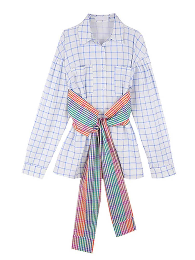 Fashion Shirt For Women Lapel Long Sleeve Plaid Colorblock