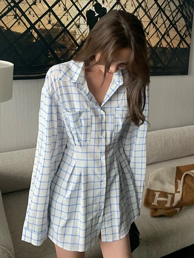 Fashion Shirt For Women Lapel Long Sleeve Plaid Colorblock