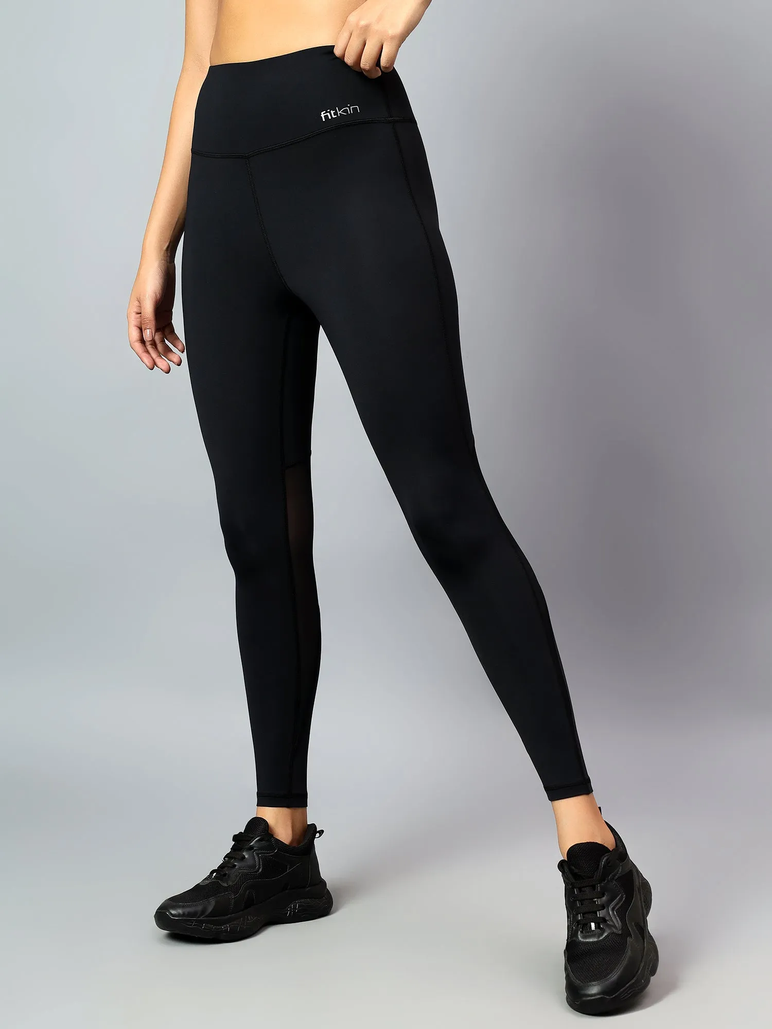 Fitkin Women's Black Back Mesh Design Tights