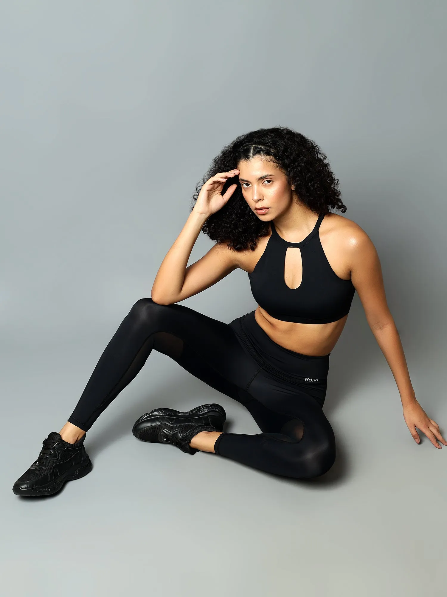 Fitkin Women's Black Back Mesh Design Tights