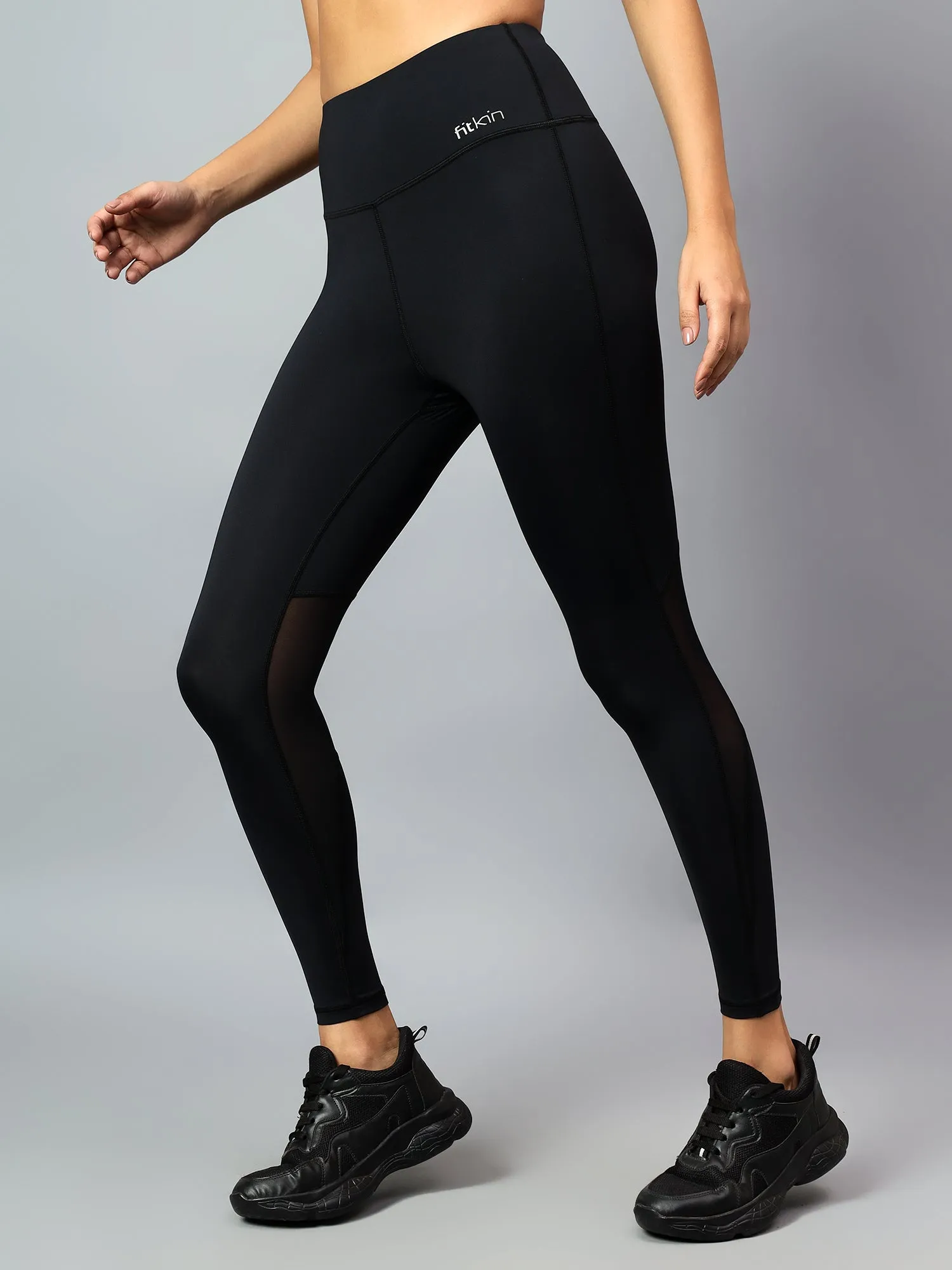 Fitkin Women's Black Back Mesh Design Tights