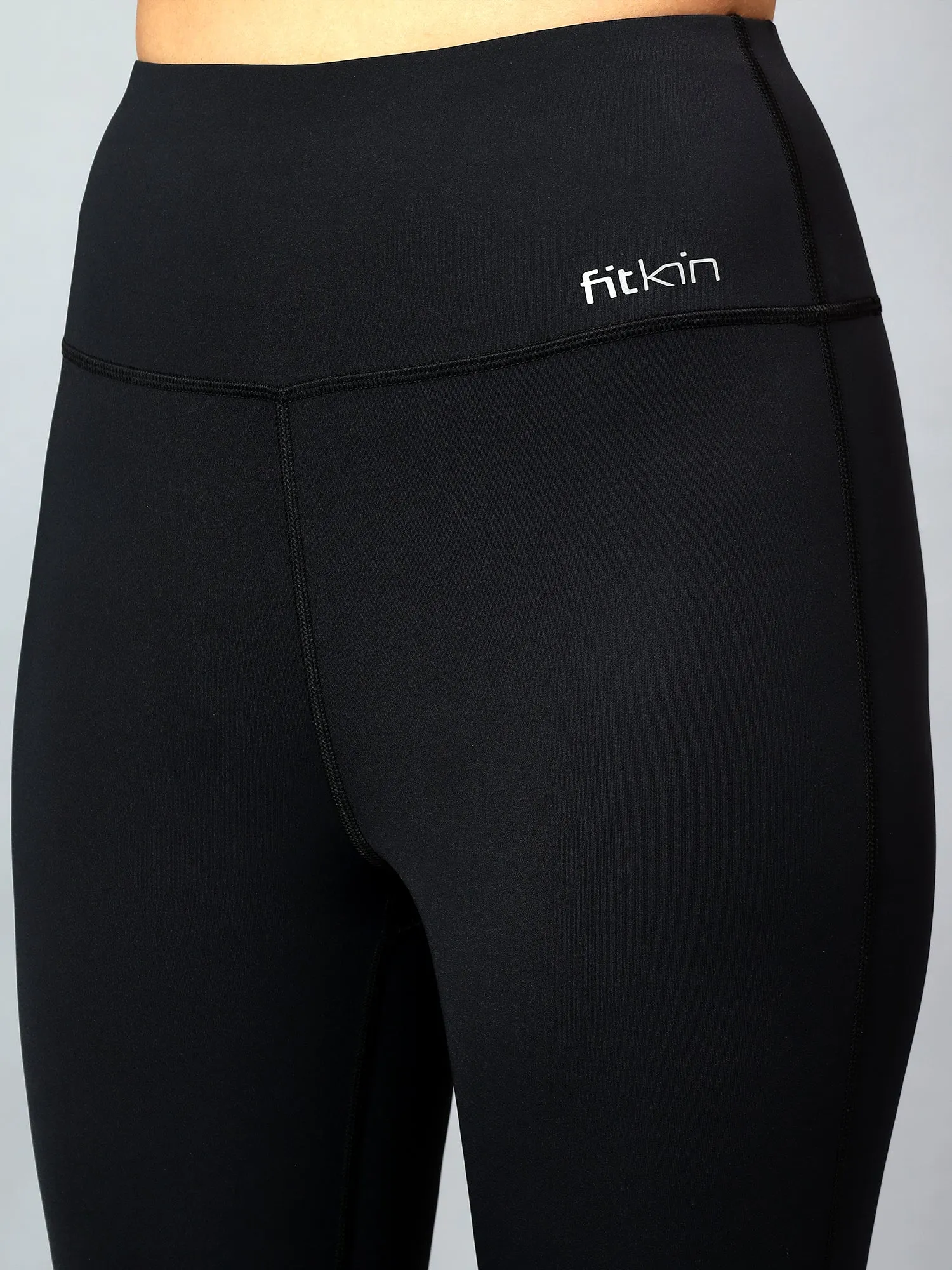 Fitkin Women's Black Back Mesh Design Tights
